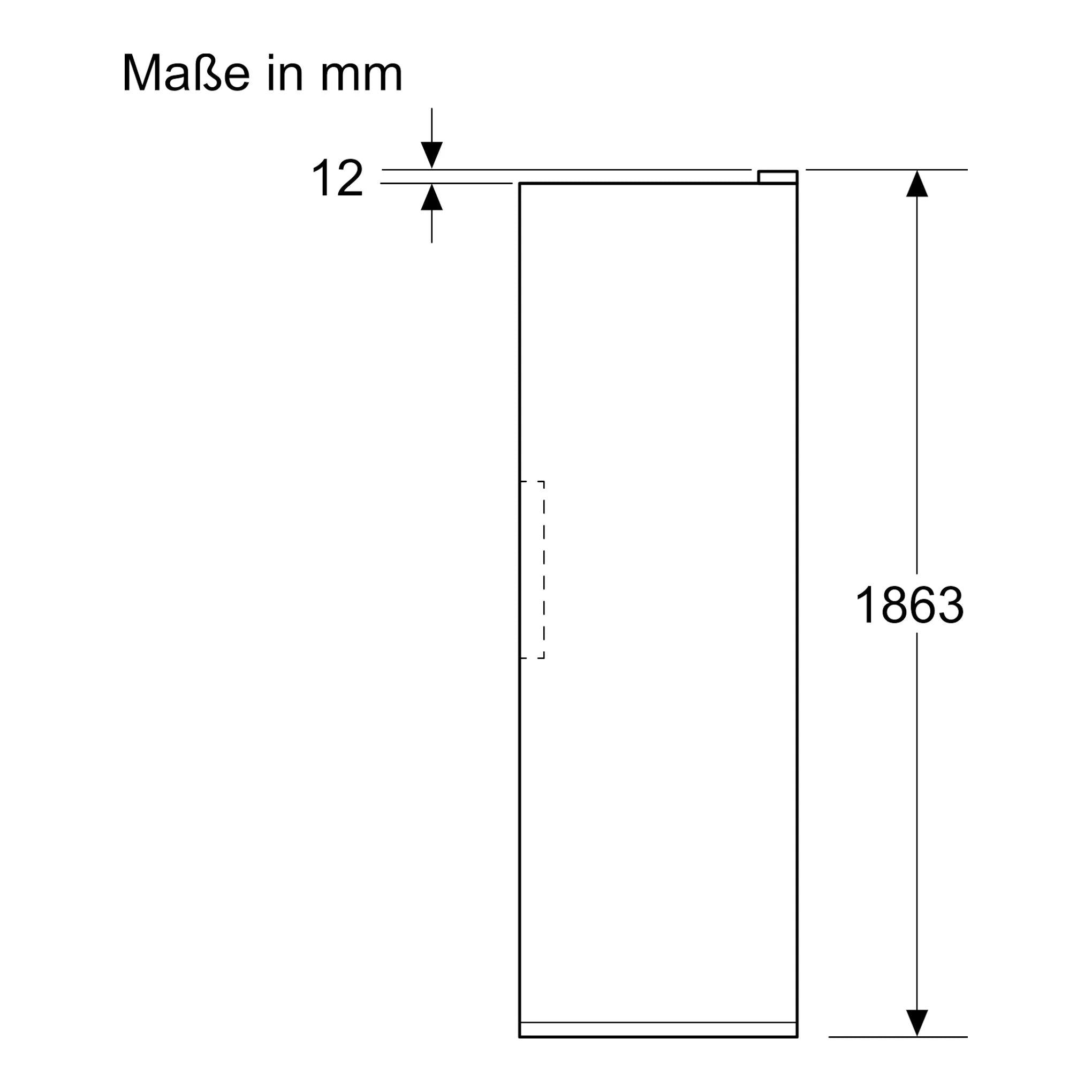 Bosch KSN36VLDG, esquema frontal en blanco y negro de frigorífico alto de una puerta, 1863 mm de alto.