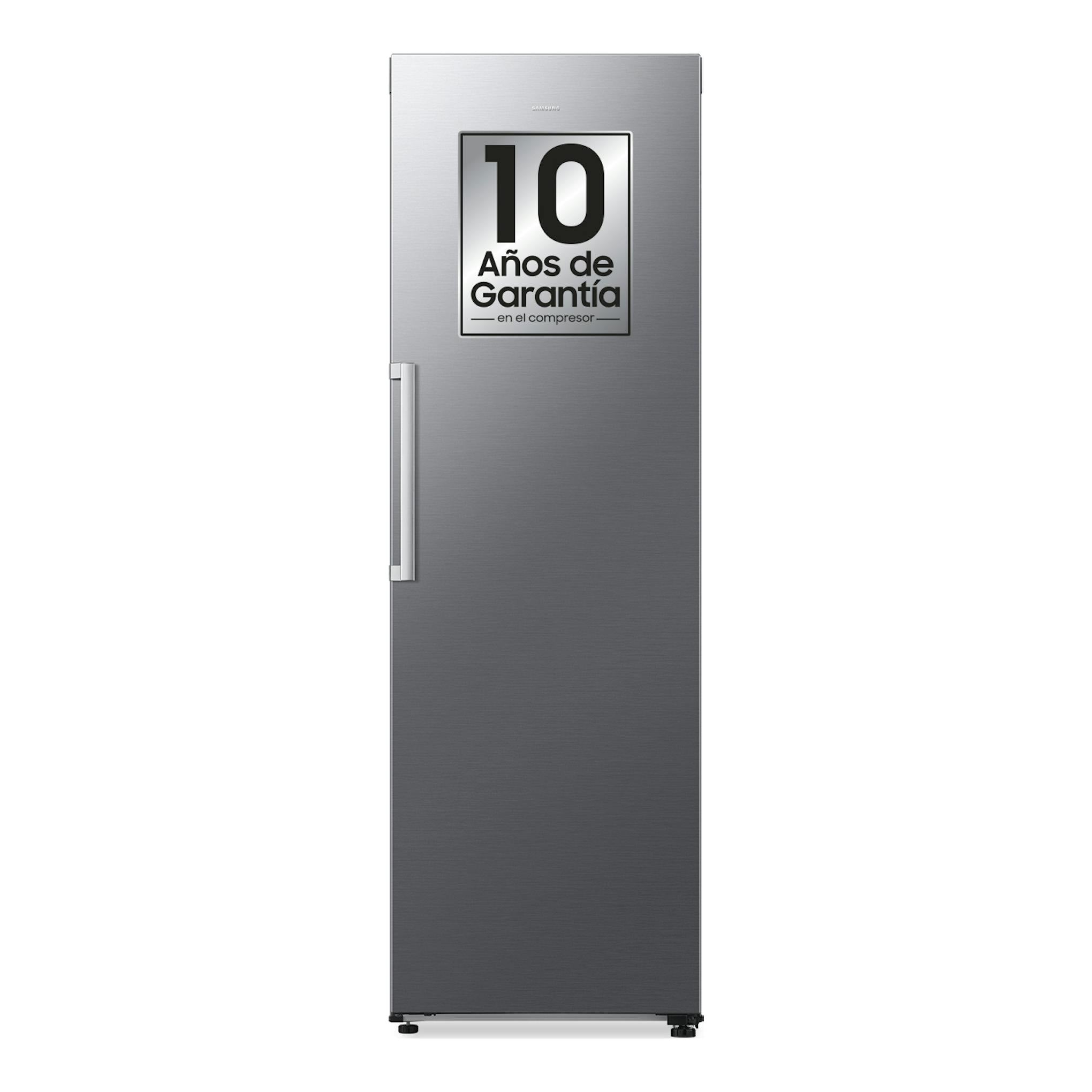 Frigorífico Samsung RR40H39GETEF de una puerta, inox, vista frontal, con pegatina de 10 años de garantía.