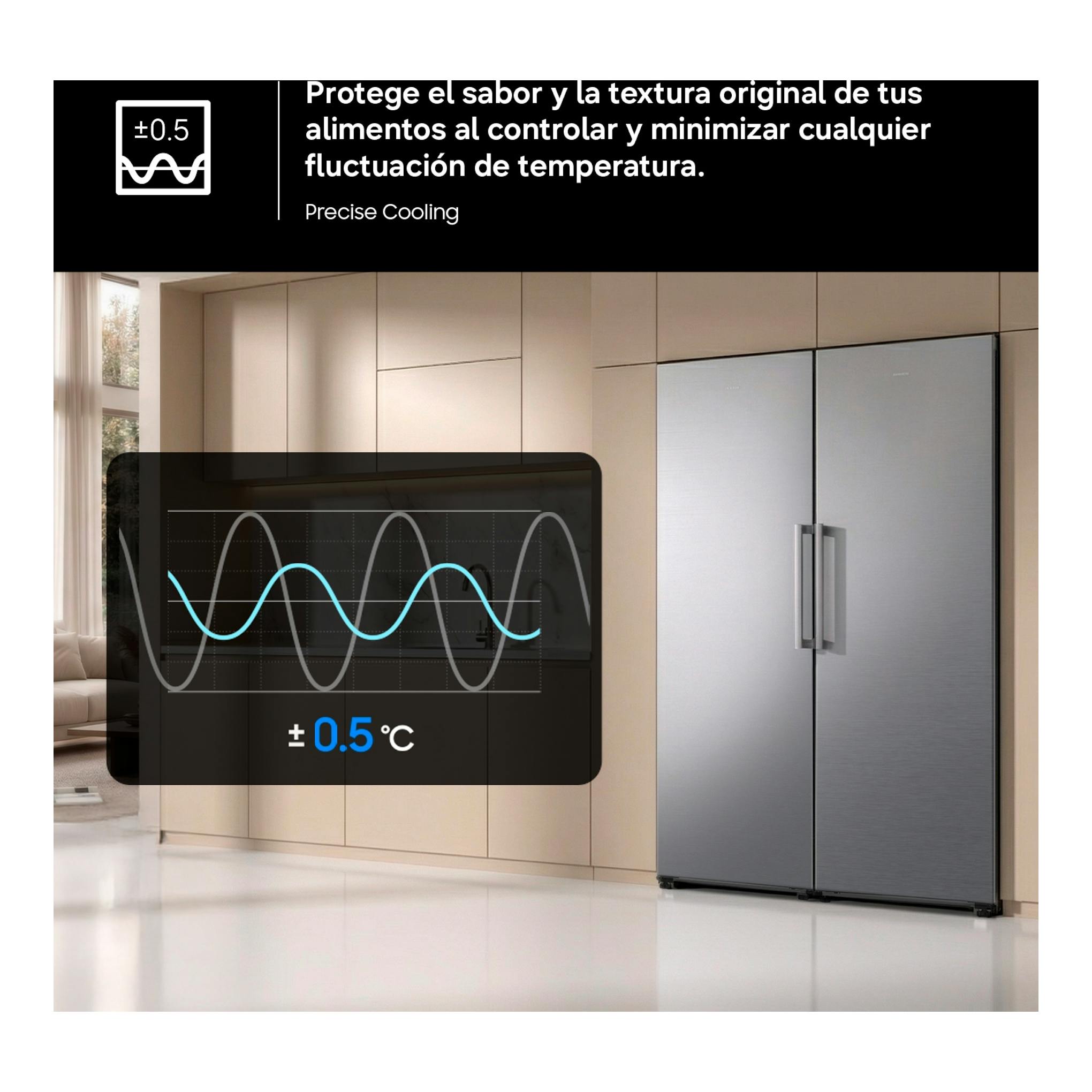 Frigorífico Samsung RR40H39GETEF inox, vista frontal en cocina; imagen promocional con gráfico de temperatura.