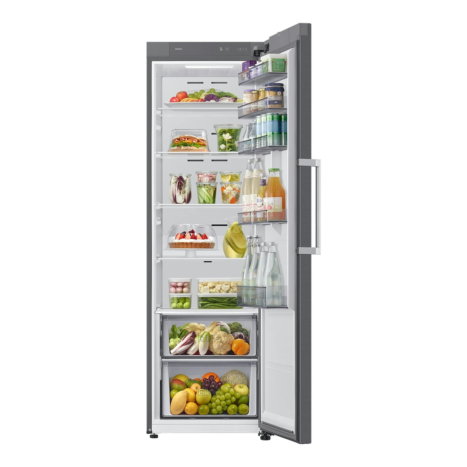 Frigorífico Samsung RR40H39GETEF inox, vista frontal con la puerta abierta y estantes llenos de alimentos.