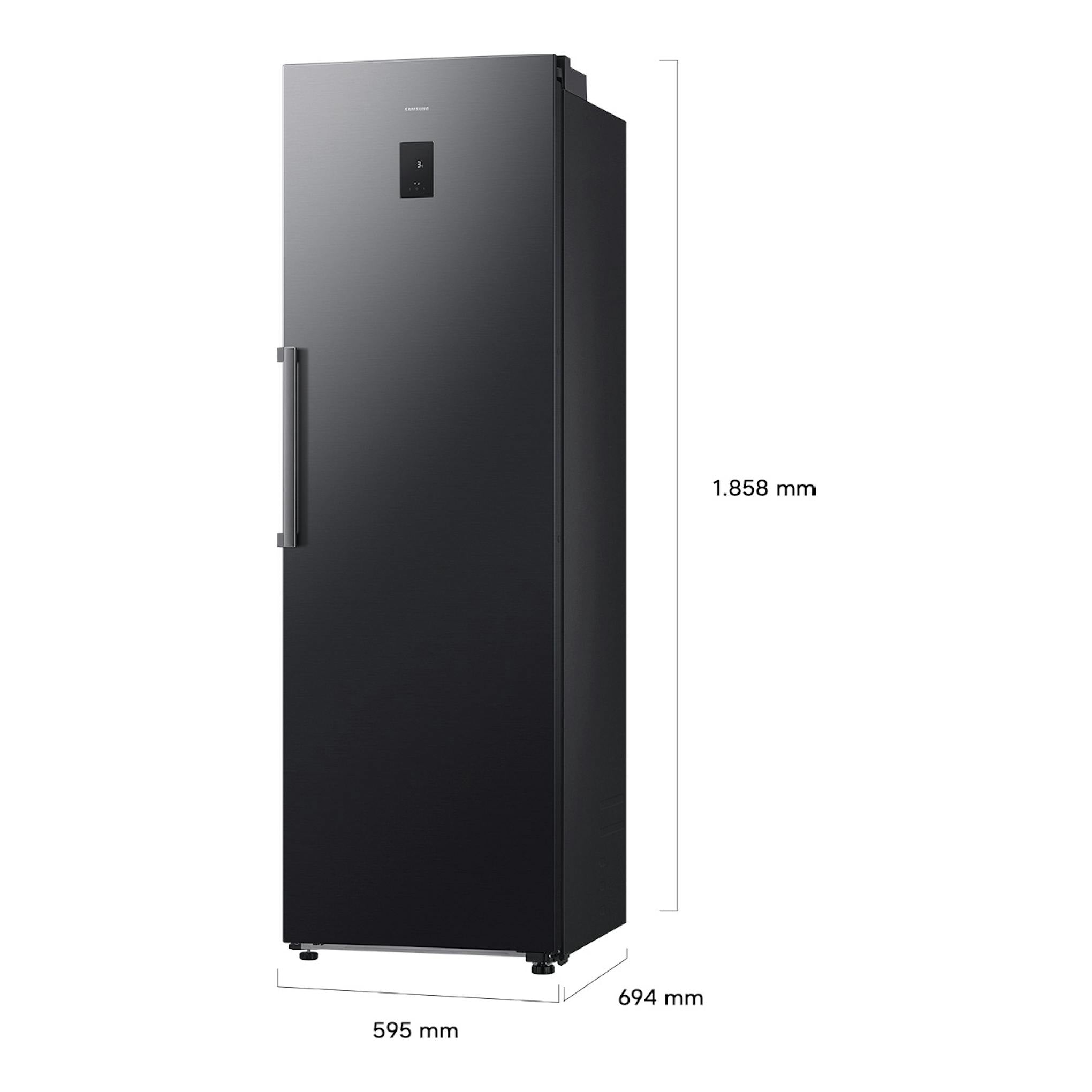 Frigorífico Samsung RR70H39CDFEF negro, vista frontal en ángulo, con display y medidas 185,8 x 59,5 x 69,4 cm
