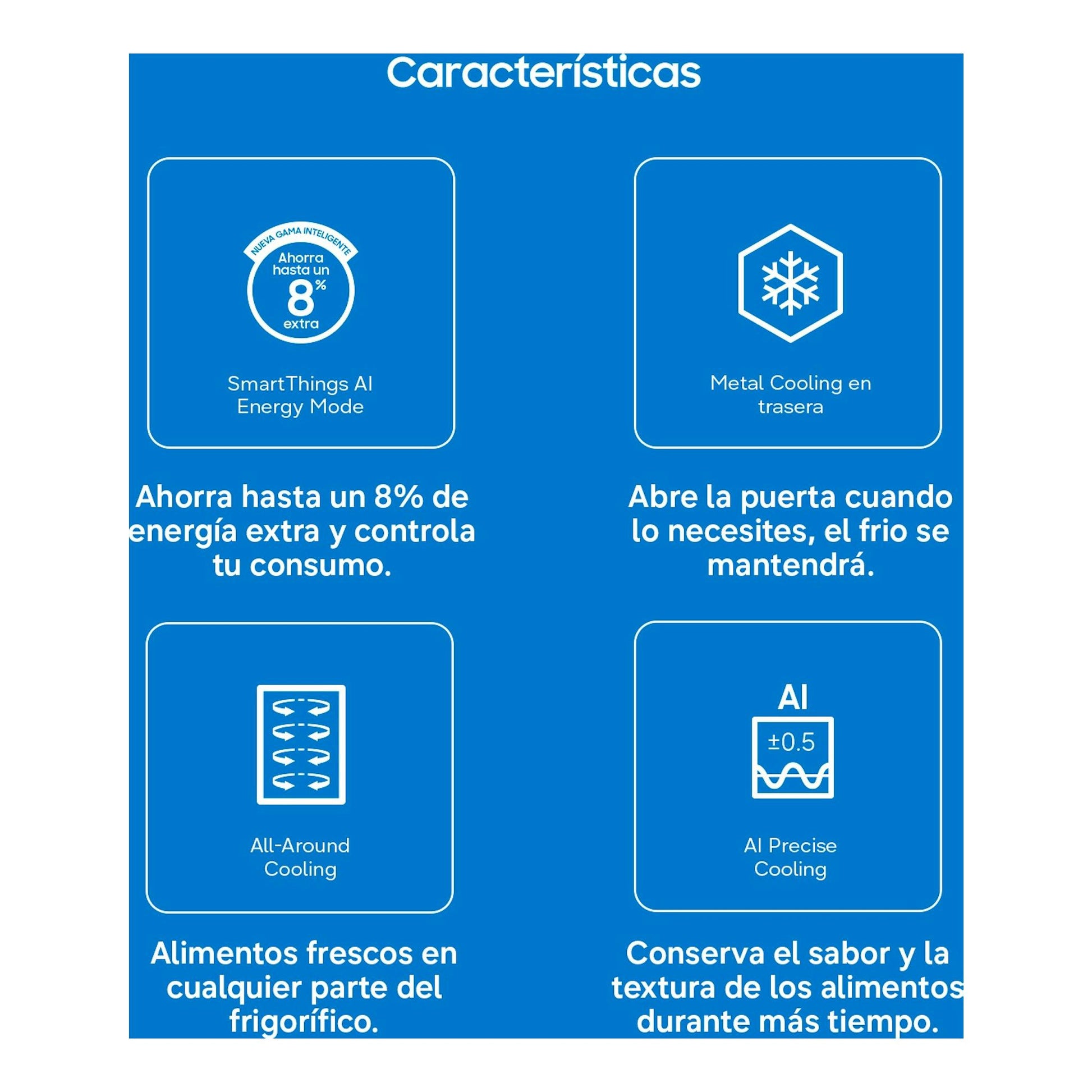 Infografía de características del frigorífico Samsung RR70H39CDFEF con iconos de ahorro, Metal Cooling y AI Cooling.