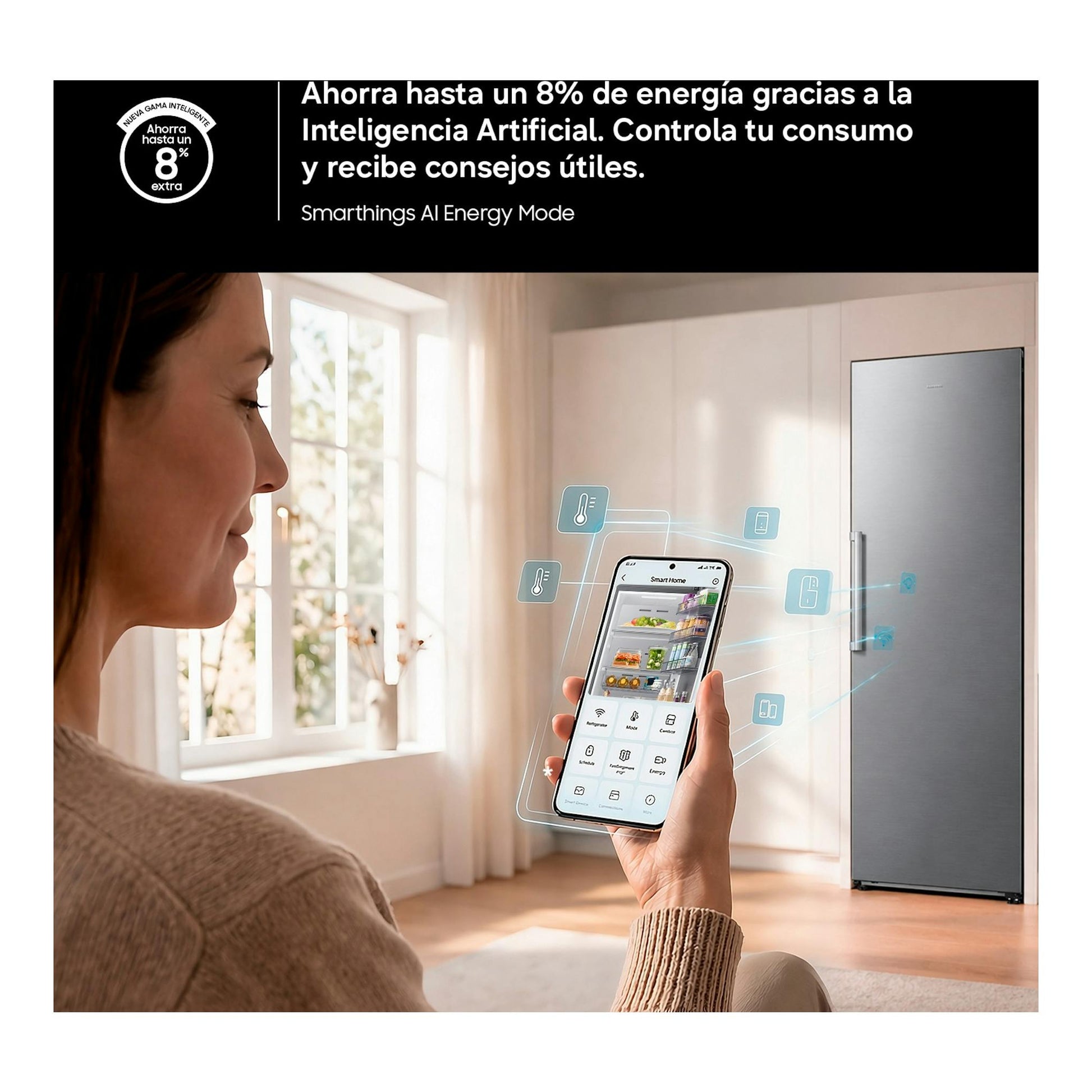 Samsung RR70H39CDFEF: frigorífico de una puerta plateado en vista frontal, con mujer usando un móvil.