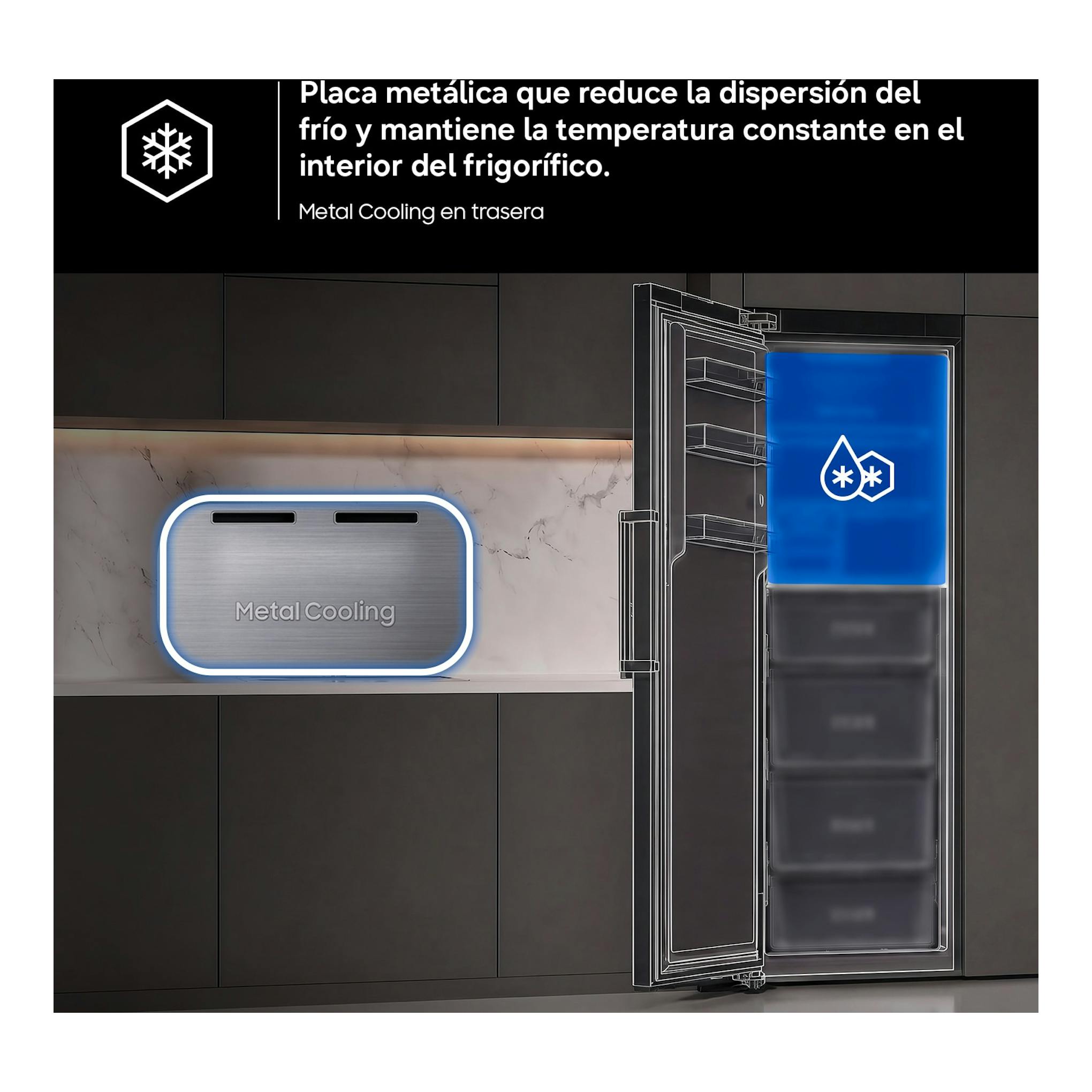 Samsung RR70H39CDFEF, frigorífico de una puerta negro, vista frontal con esquema interior y panel Metal Cooling.