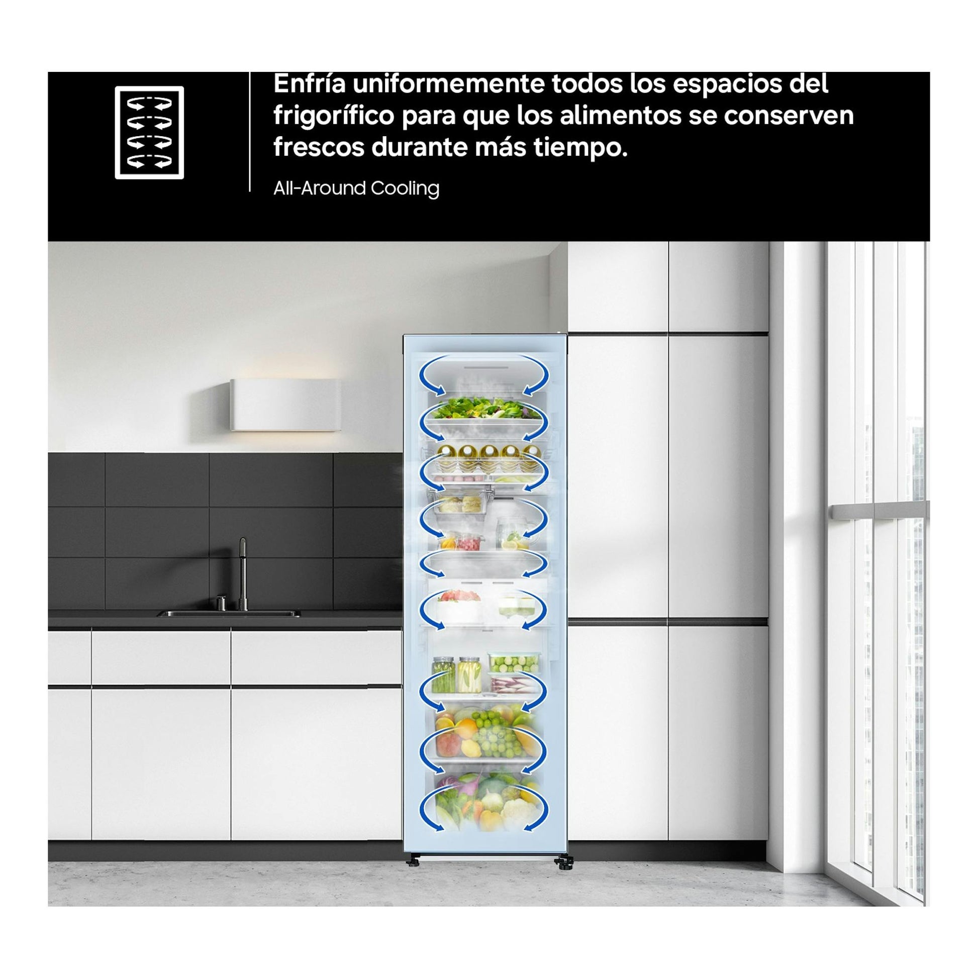 Frigorífico Samsung RR70H39CDFEF, vista frontal, con alimentos y flechas azules de aire.