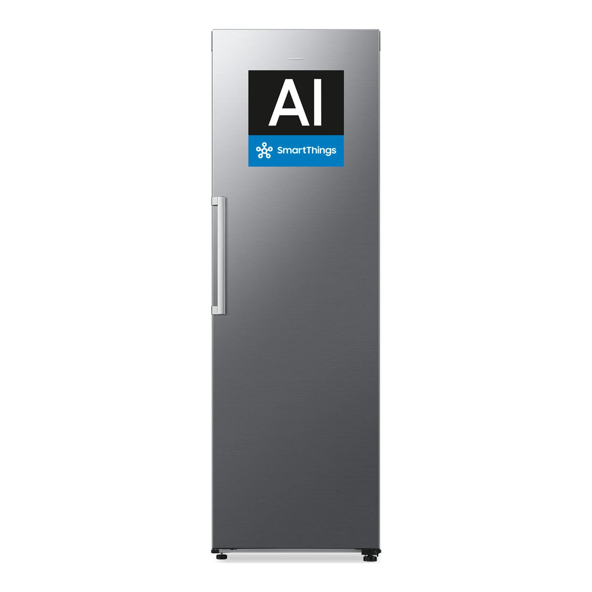 Frigorífico Samsung RR70H39CDTEF de una puerta, inox, vista frontal, con etiqueta AI SmartThings.