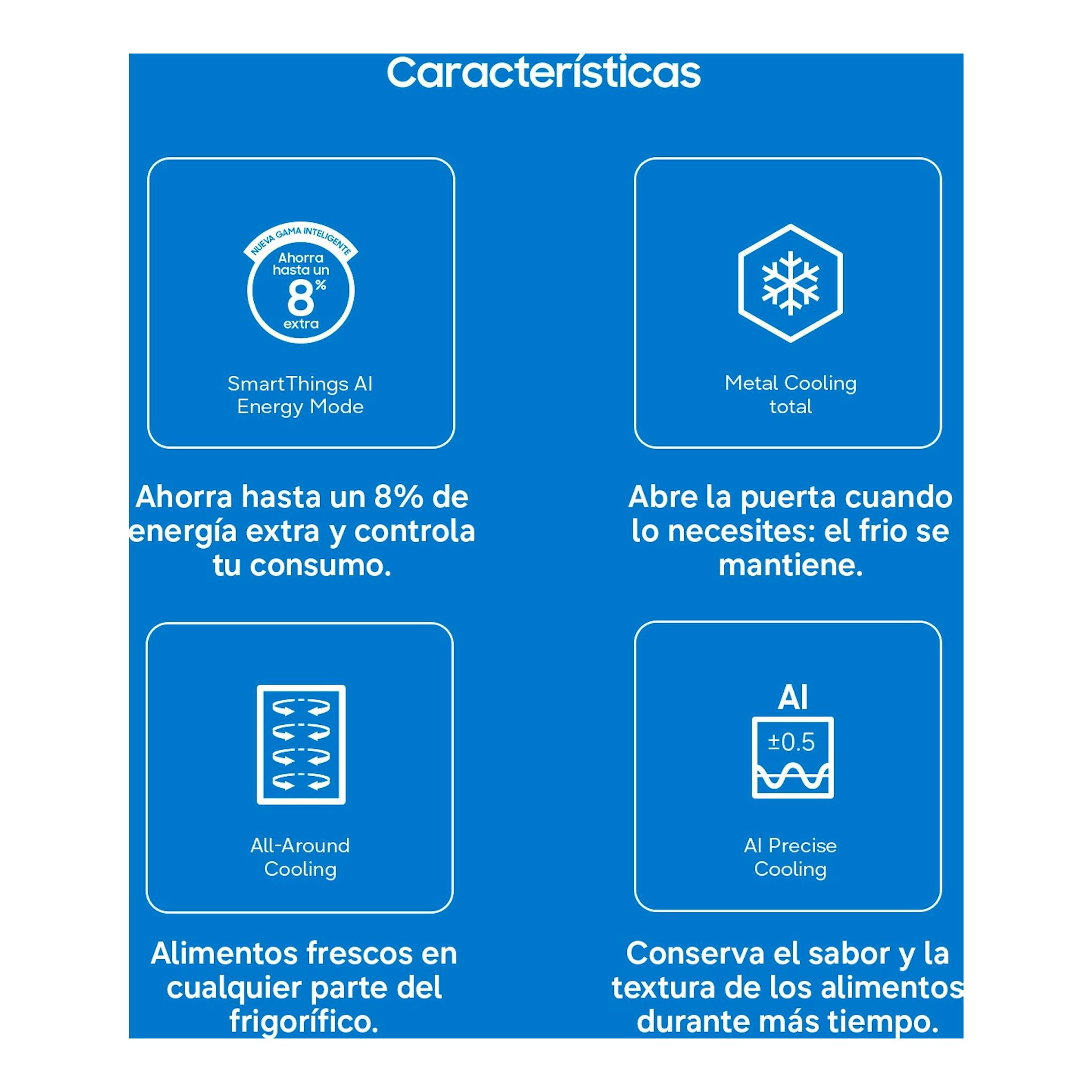 Infografía azul de características del frigorífico Samsung RR70H39CDTEF con iconos de ahorro energético y frío AI.