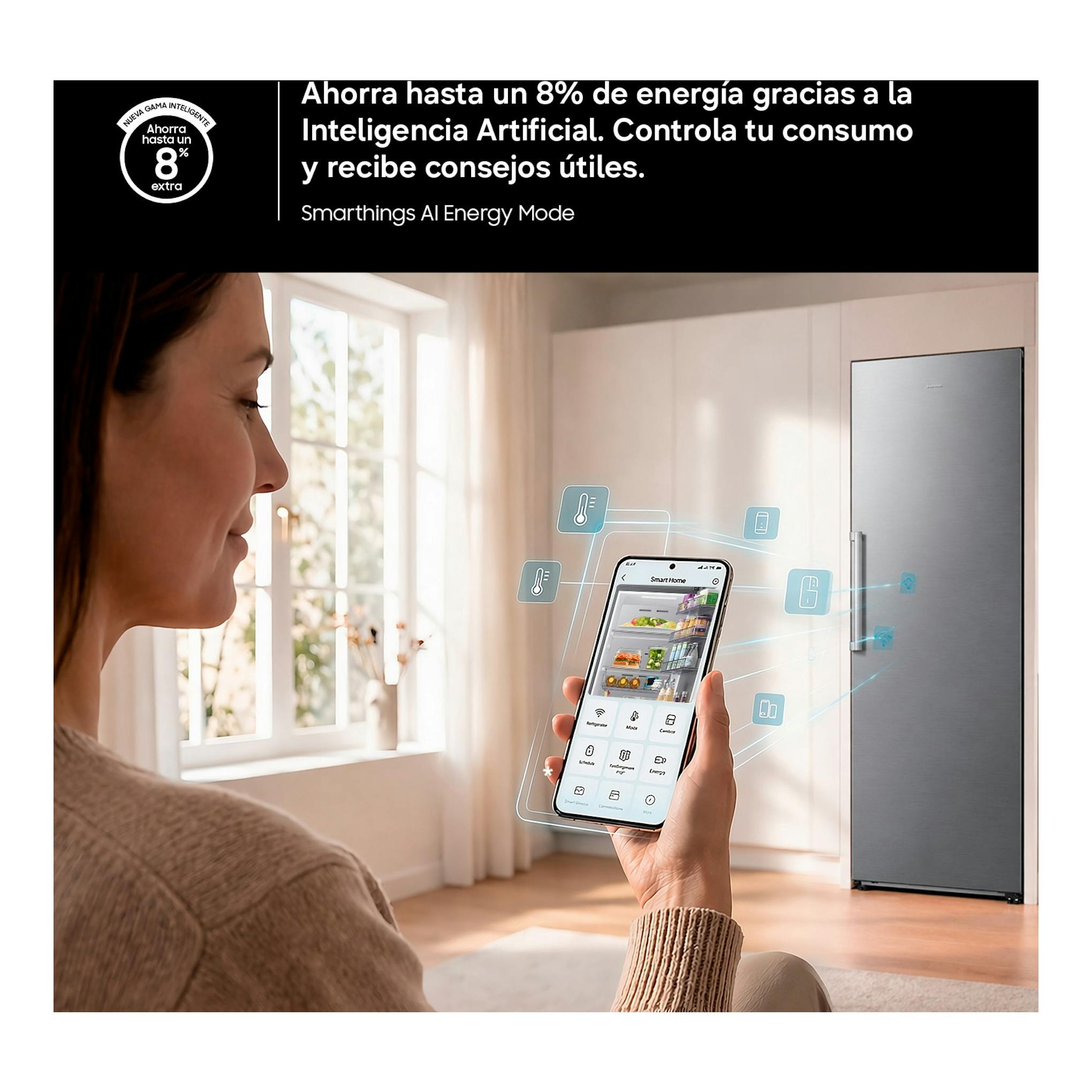 Frigorífico Samsung RR70H39CDTEF inox de una puerta, visto de frente, con control desde móvil.