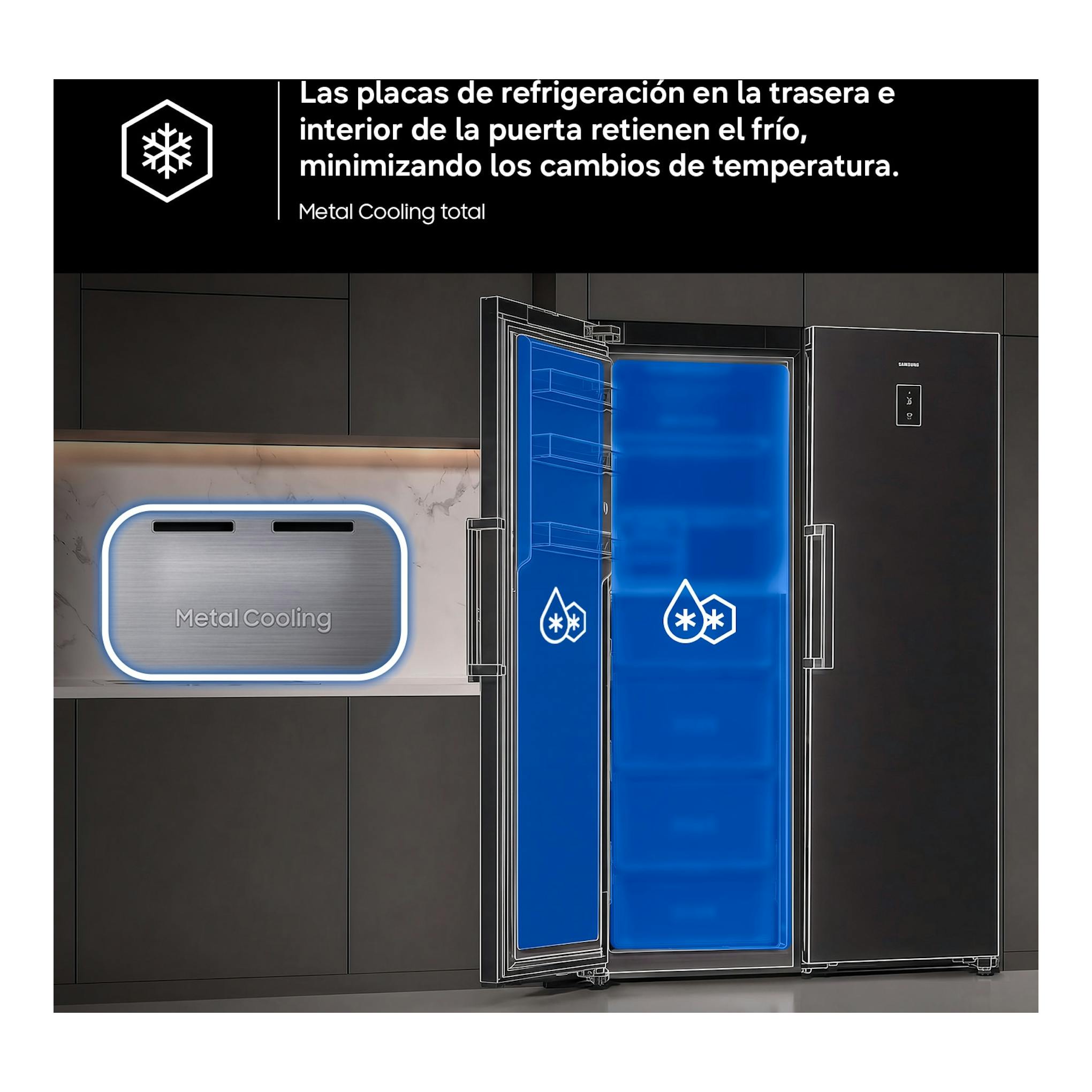 Frigorífico Samsung RR70H39CDTEF en inox, vista frontal con puerta abierta e interior azul, función Metal Cooling.
