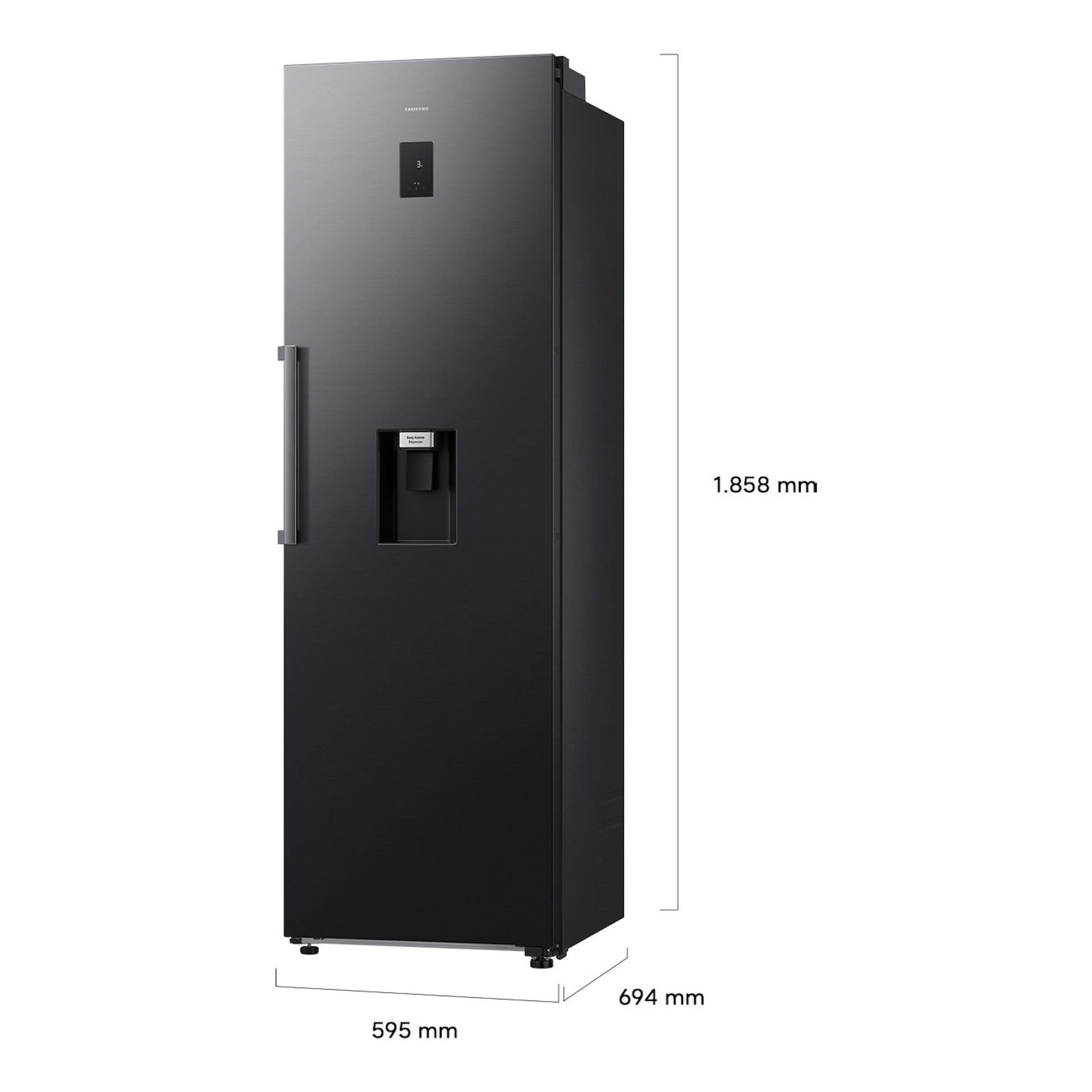 Frigorífico Samsung RR70H39DCFEF negro, vista frontal en ángulo, con dispensador.