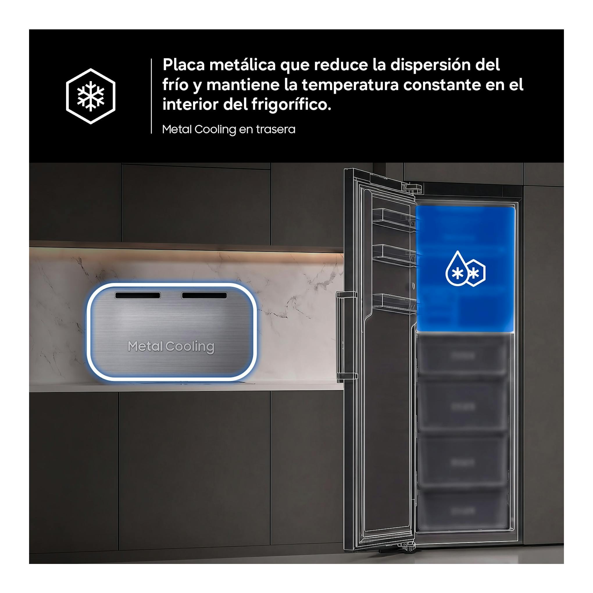 Samsung RR70H39DCFEF: imagen promocional de frigorífico de una puerta negro, con vista frontal abierta y Metal Cooling.