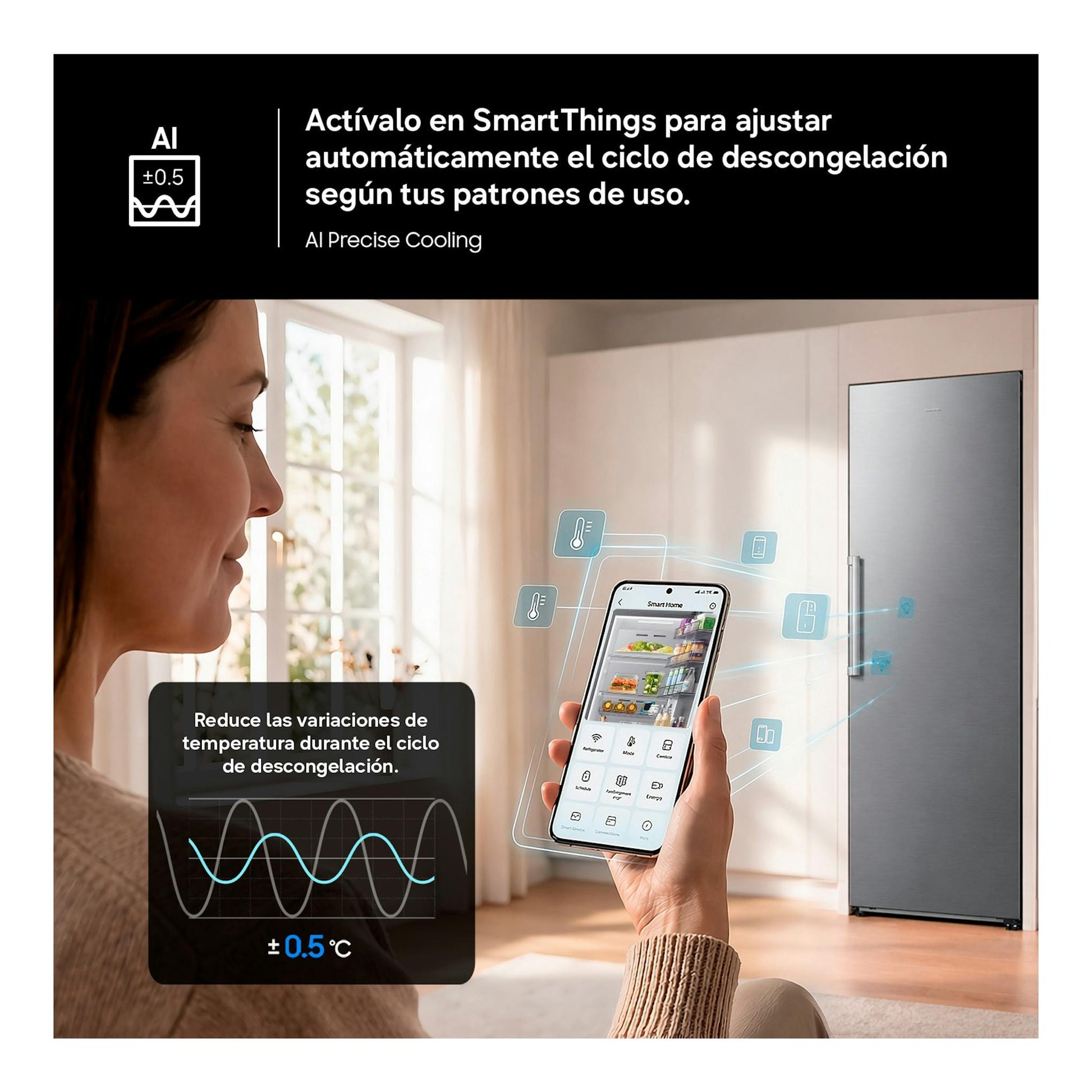 Frigorífico Samsung plateado de una puerta, vista frontal, con una mujer usando SmartThings en un móvil.