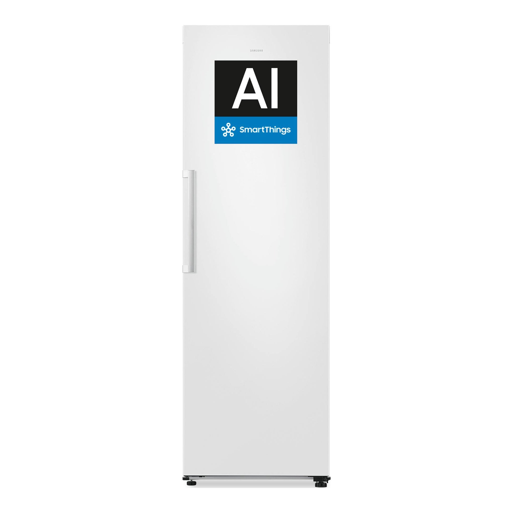 Frigorífico Samsung RR70H39FEVEF blanco, vista frontal, de una puerta, con etiqueta AI SmartThings.