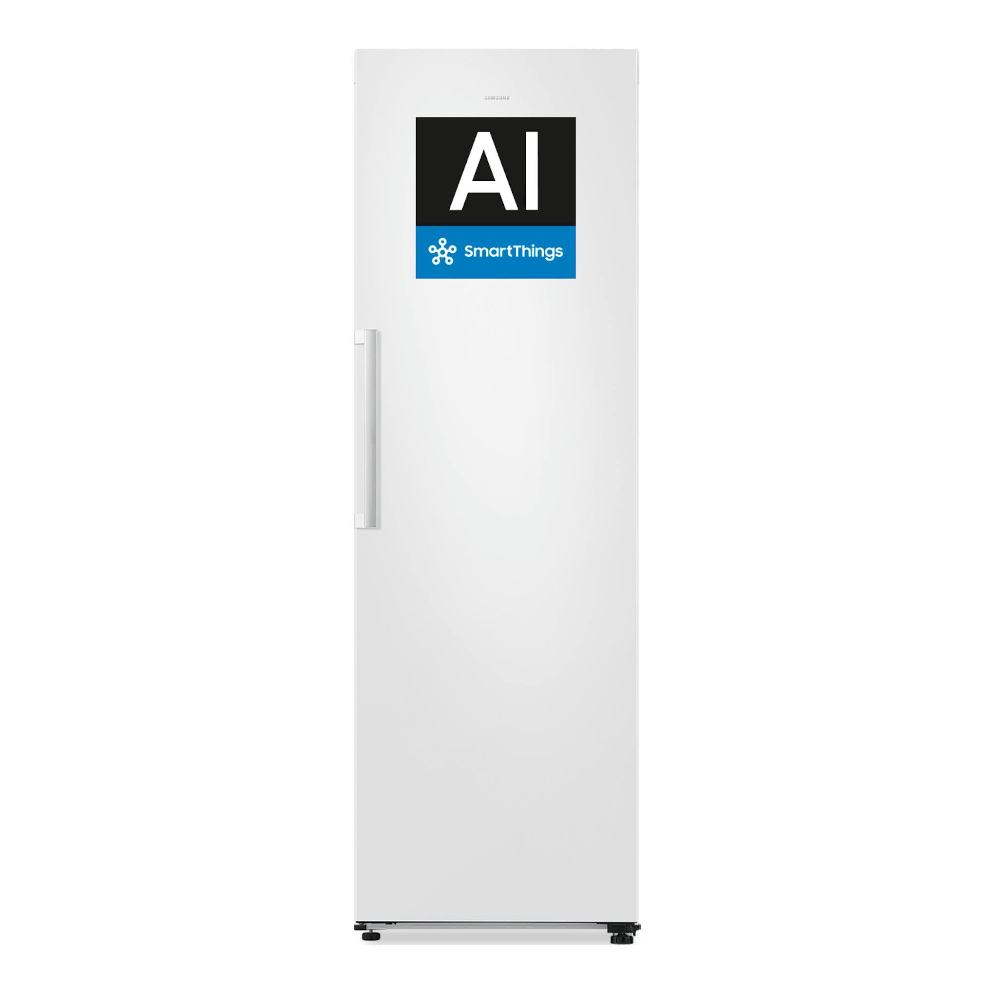 Frigorífico Samsung RR70H39FEVEF blanco, vista frontal, de una puerta, con etiqueta AI SmartThings.