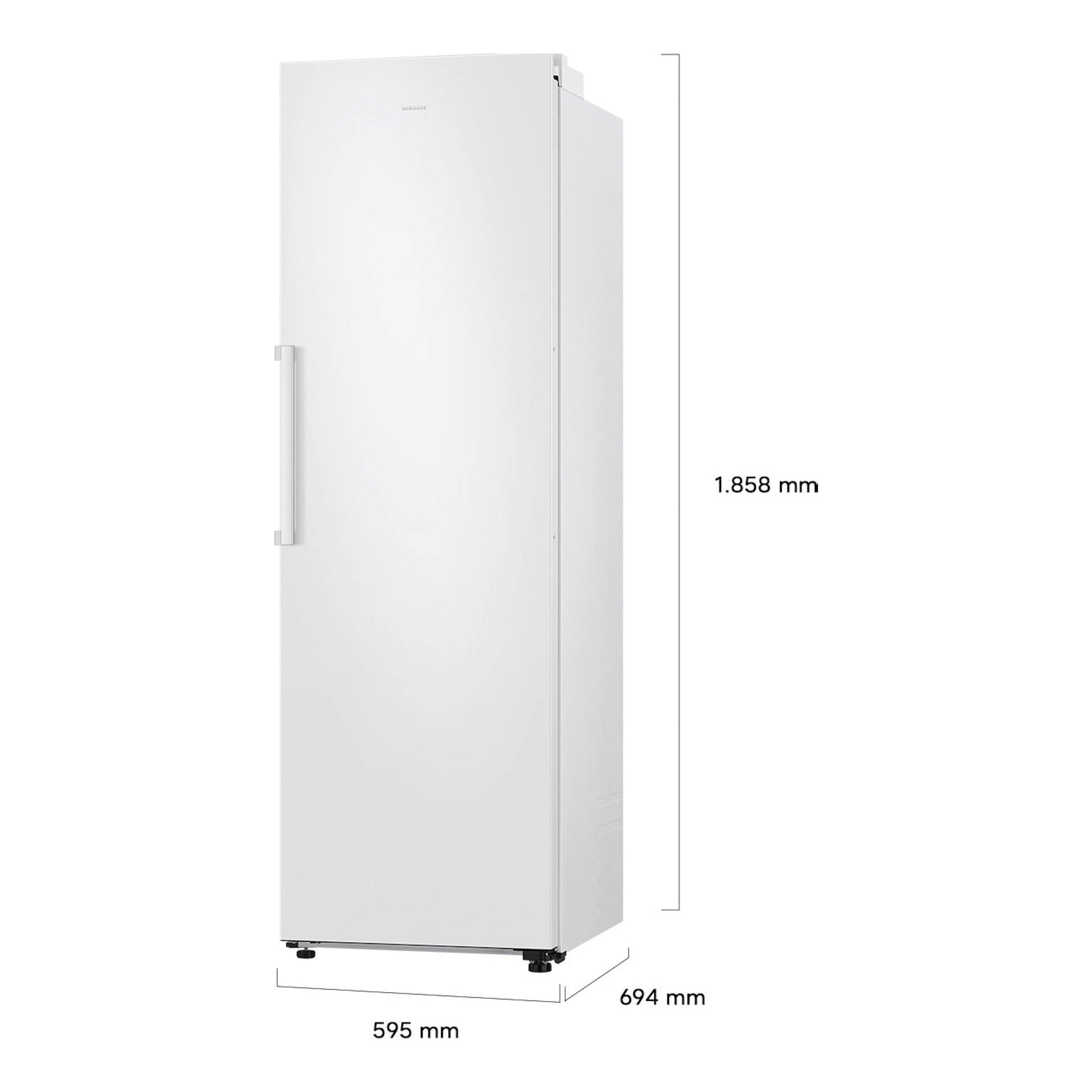Frigorífico Samsung RR70H39FEVEF blanco, vista frontal 3/4, con una puerta y medidas 1858x595x694 mm.
