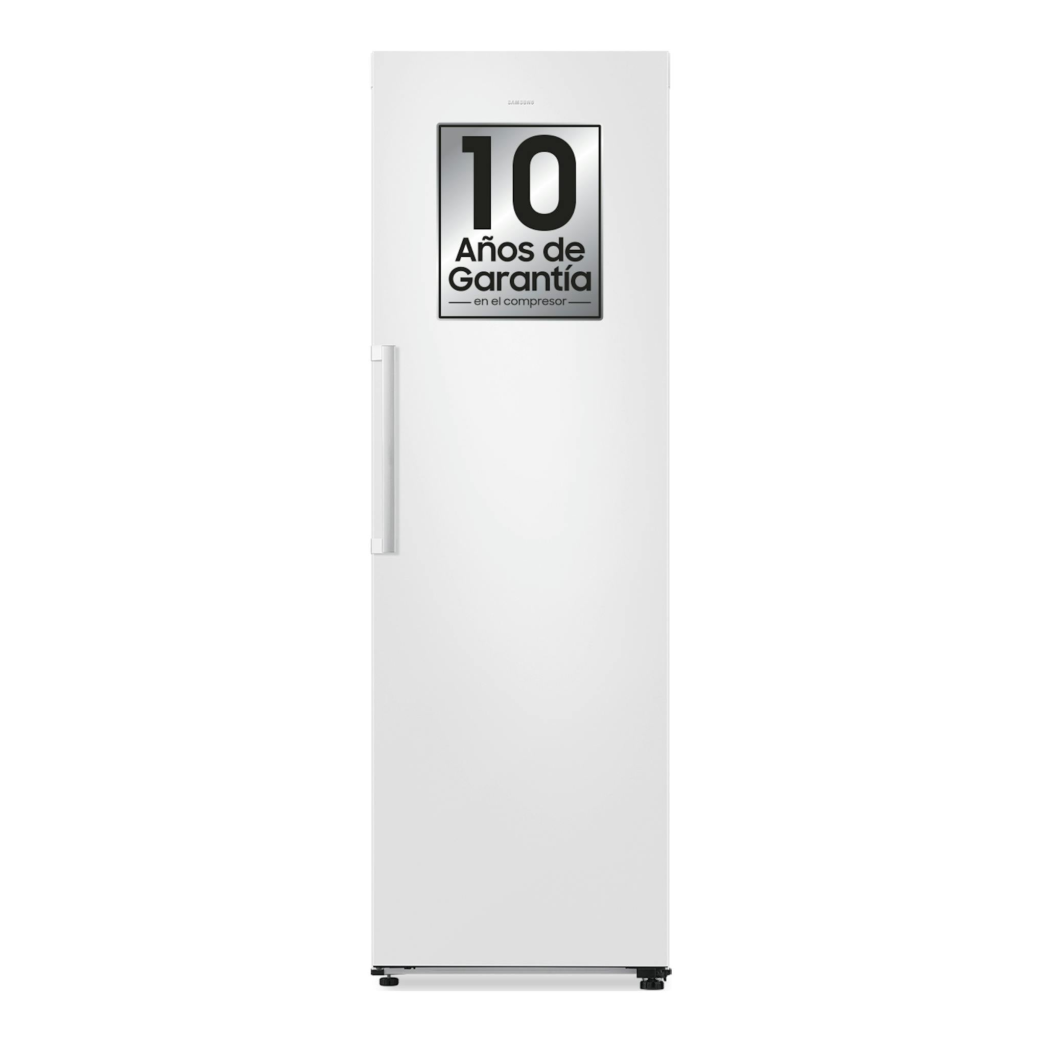 Frigorífico Samsung blanco de una puerta, vista frontal, con pegatina de 10 años de garantía en el compresor.