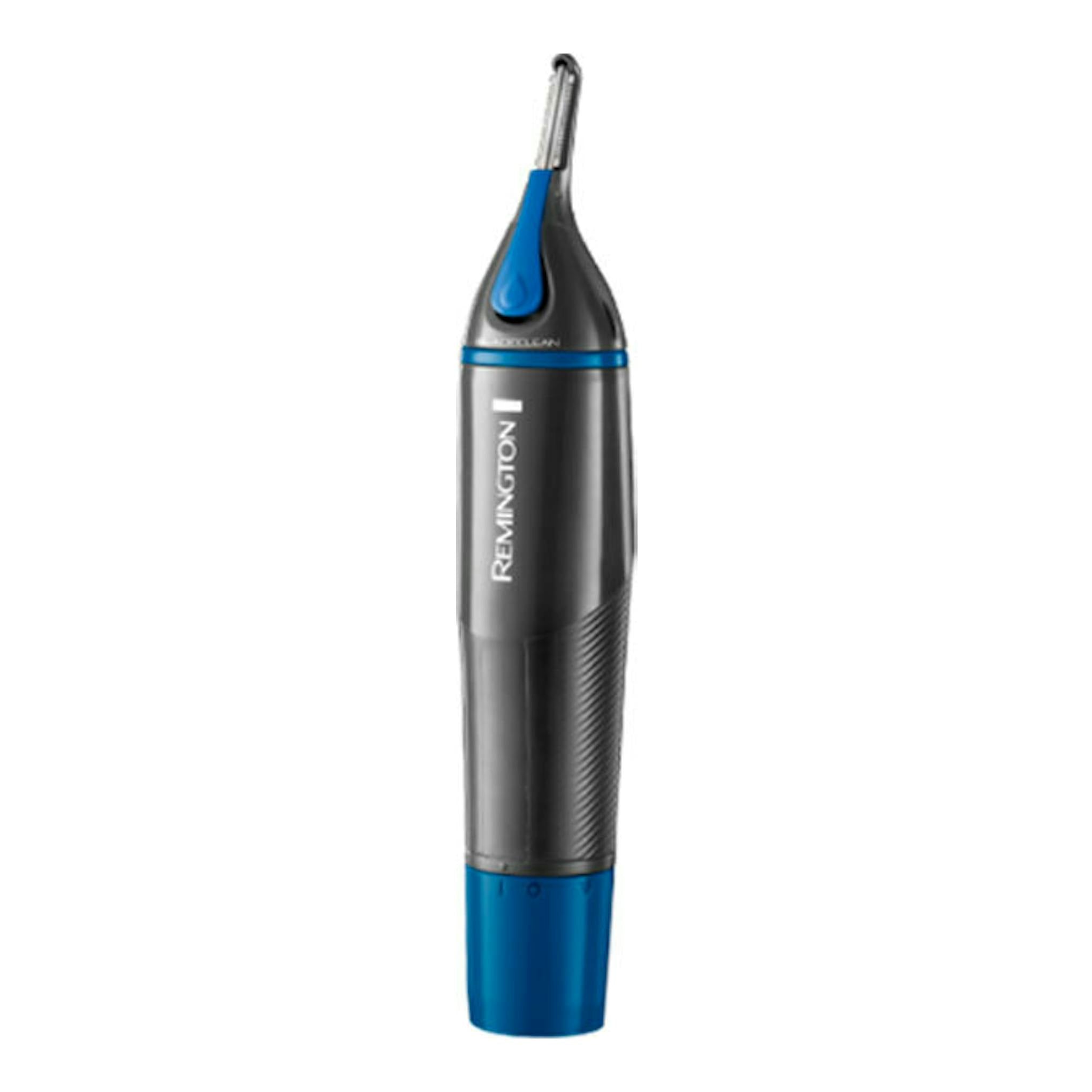 Corta pelos de nariz Remington NE3850 negro y azul, vista frontal sobre fondo blanco.