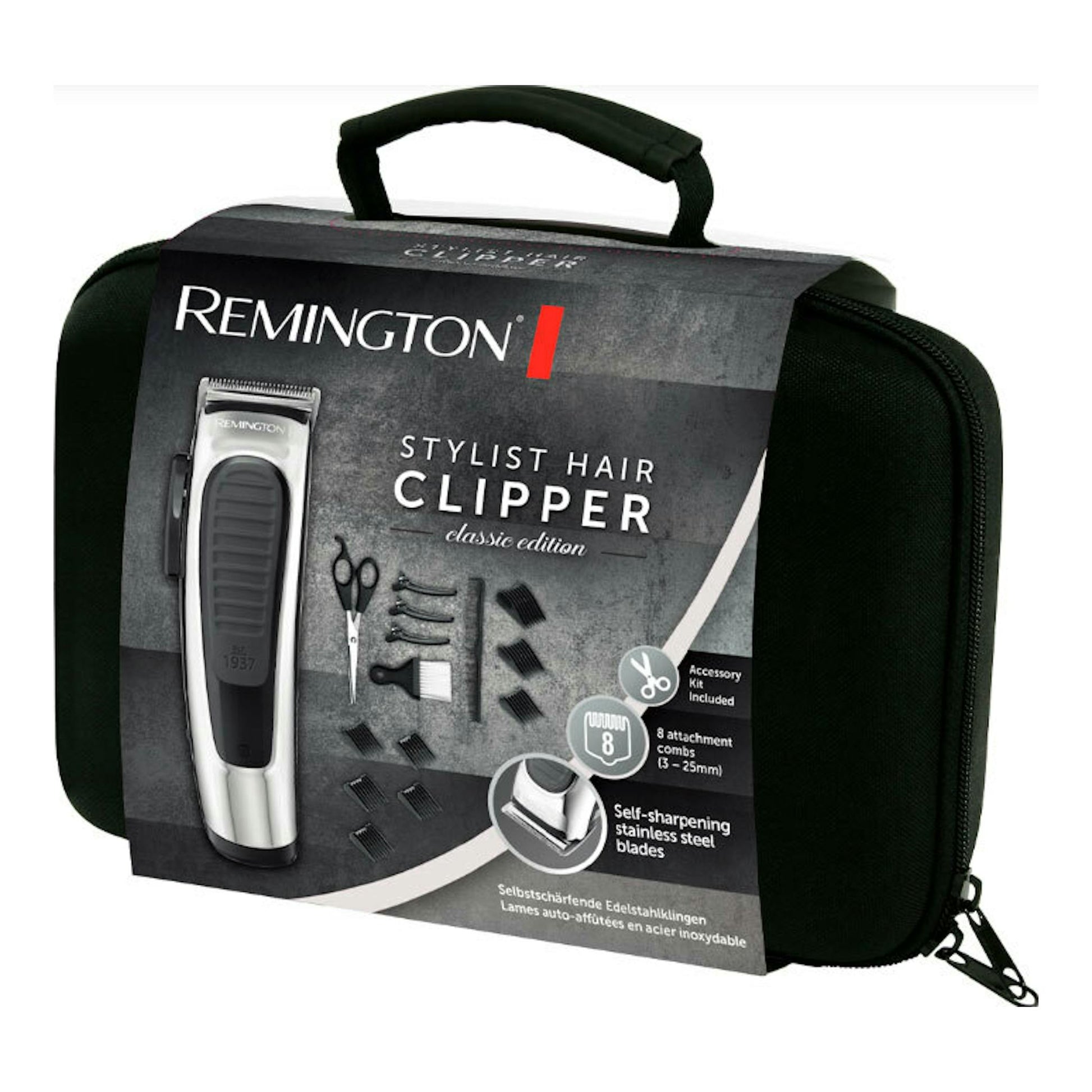 Caja frontal del cortapelos Remington HC450 cromado, con estuche negro y accesorios impresos.