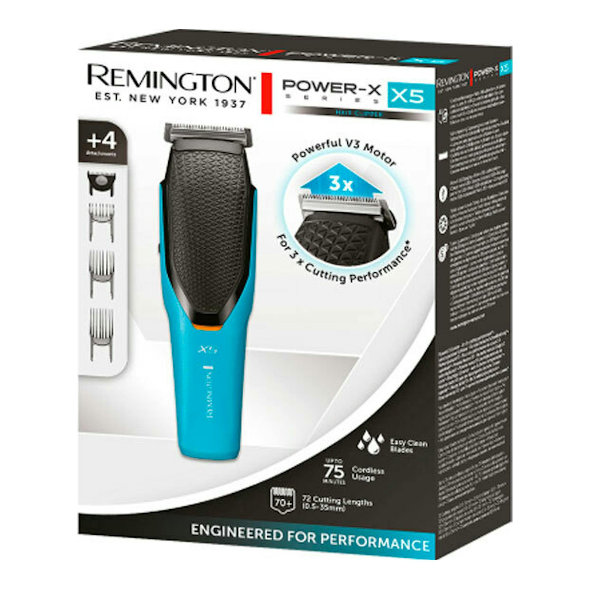 Caja del cortapelos Remington Power-X X5, vista frontal en ángulo, con recortadora azul y negra.