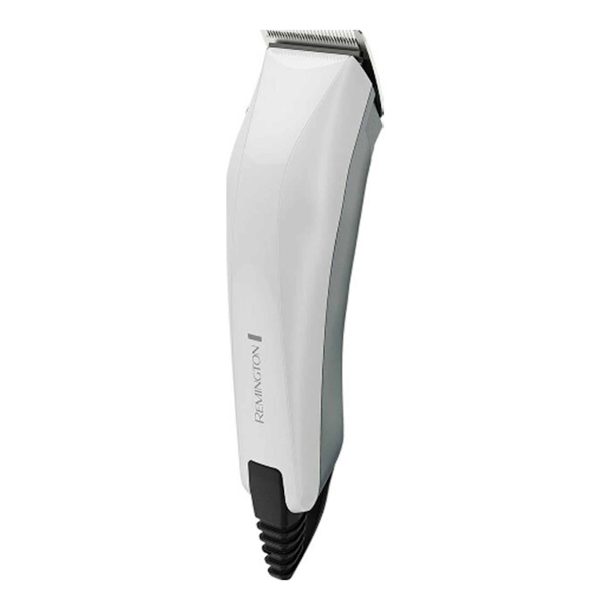 Cortapelos Remington HC5035 blanco, vista frontal en ángulo, con cable negro y cuchilla metálica.