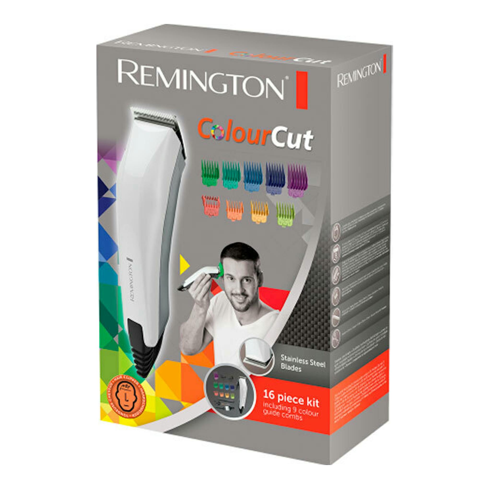Caja del cortapelos Remington ColourCut HC5035 blanco, vista en ángulo con peines guía de colores.