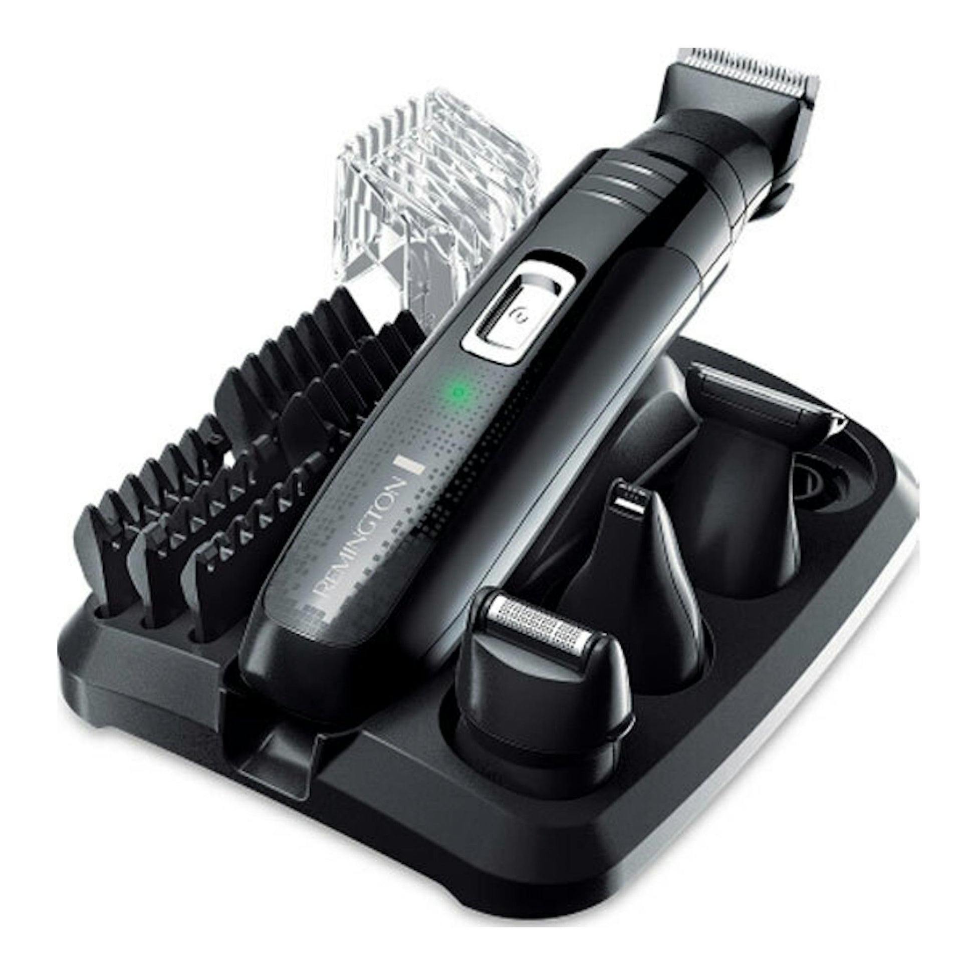 Cortapelos Remington PG6130 negro, vista en ángulo con base y varios accesorios.