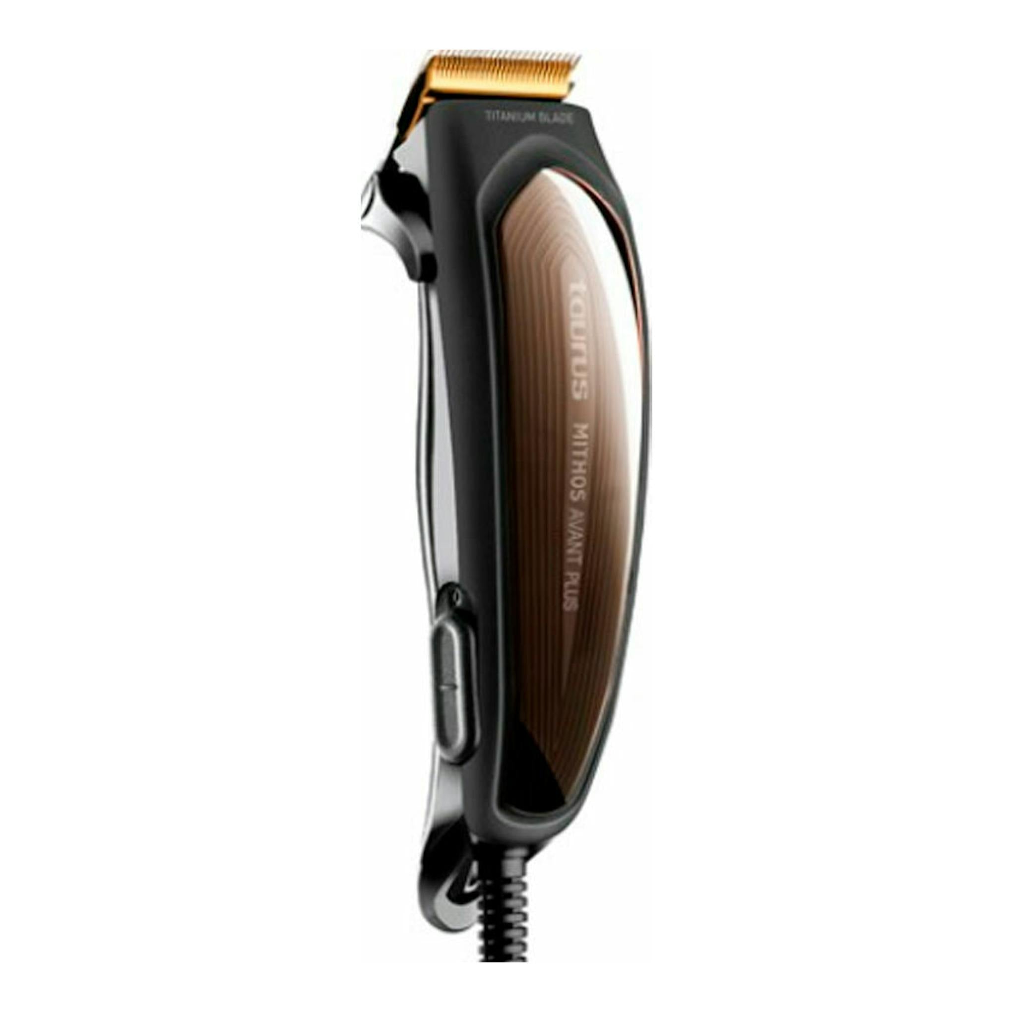 Cortapelos Taurus Mithos Avant Plus negro y marrón, vista frontal lateral con cuchilla dorada.