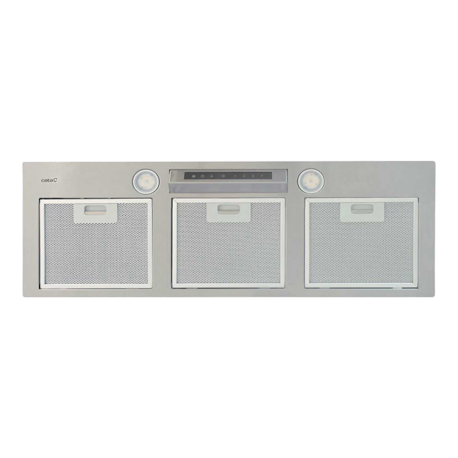 Grupo filtrante Cata GL75X/D inox, vista inferior frontal, con tres filtros metálicos y dos focos.