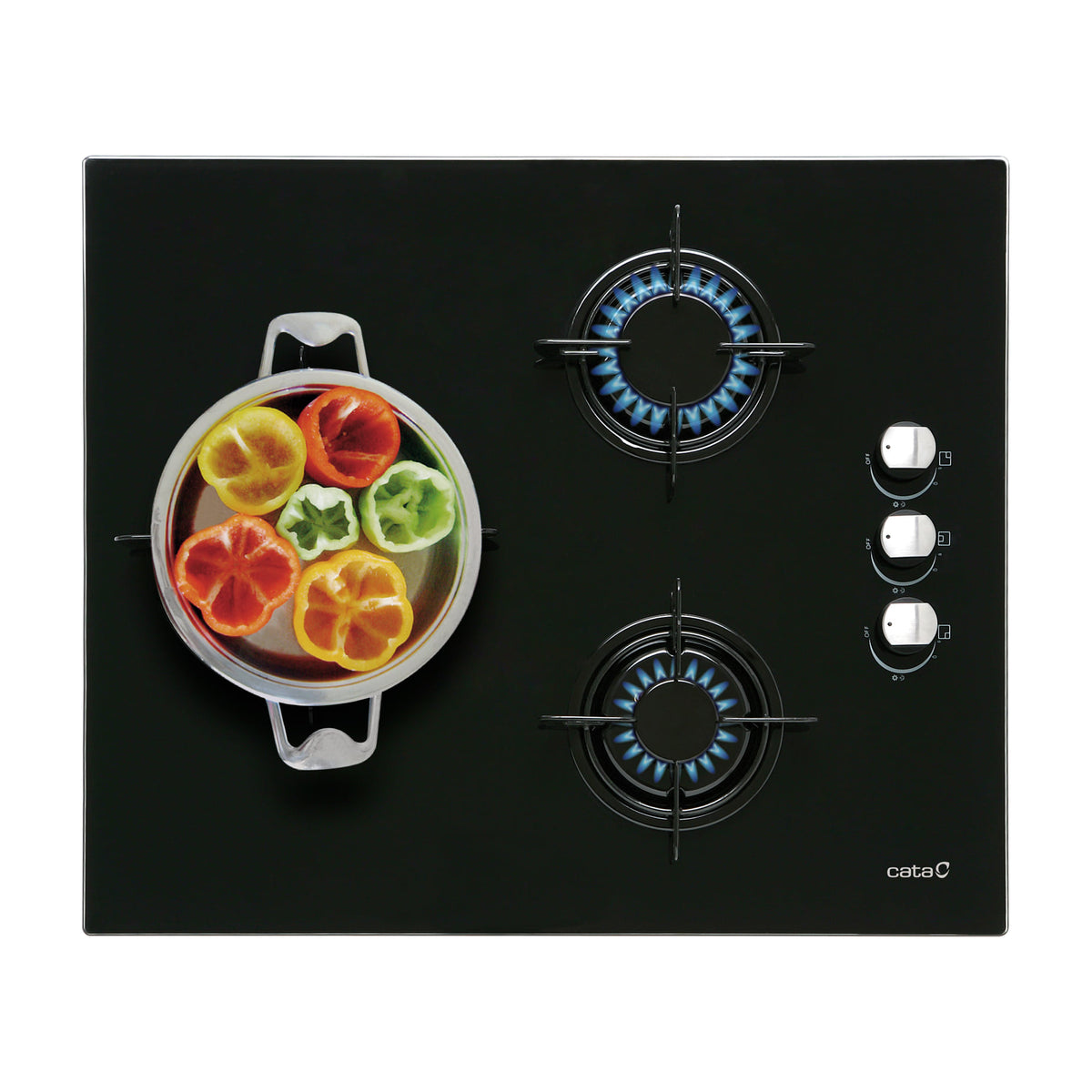 Placa de gas Cata CIB 6021 BK, 3 quemadores y cristal negro