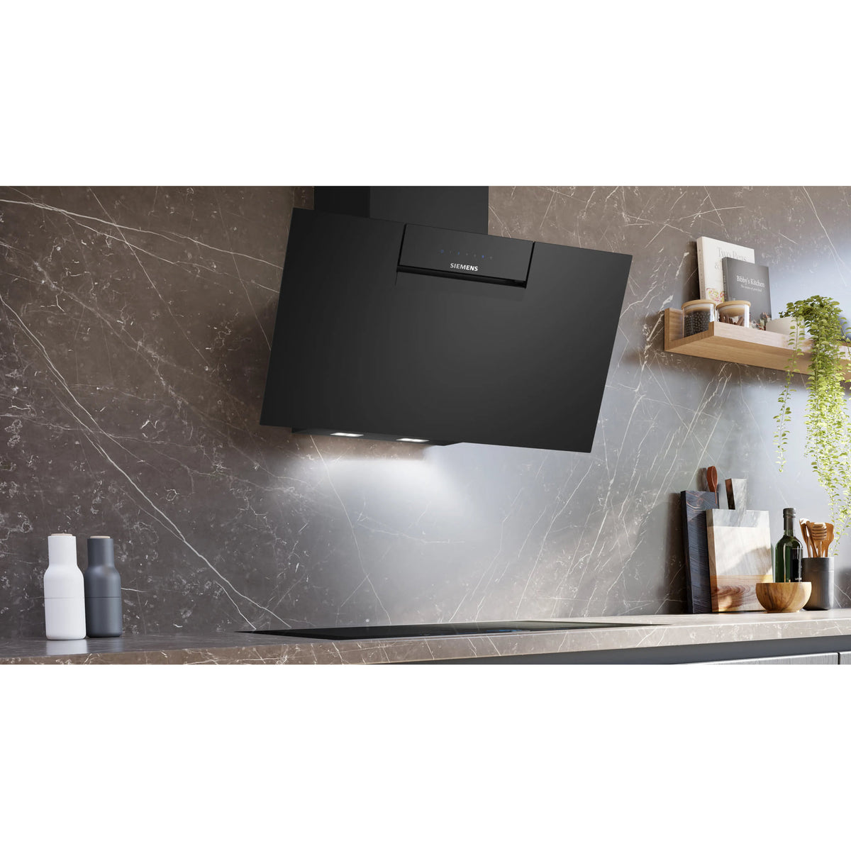 Campana decorativa Siemens LC87KFN60 de 80 cm en cristal negro con Home Connect