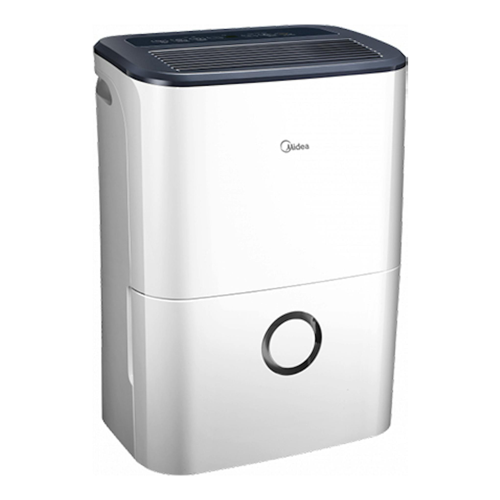 Deshumidificador Midea MDDF-20DEN7-QA3 blanco, vista frontal en ángulo, con panel superior negro.