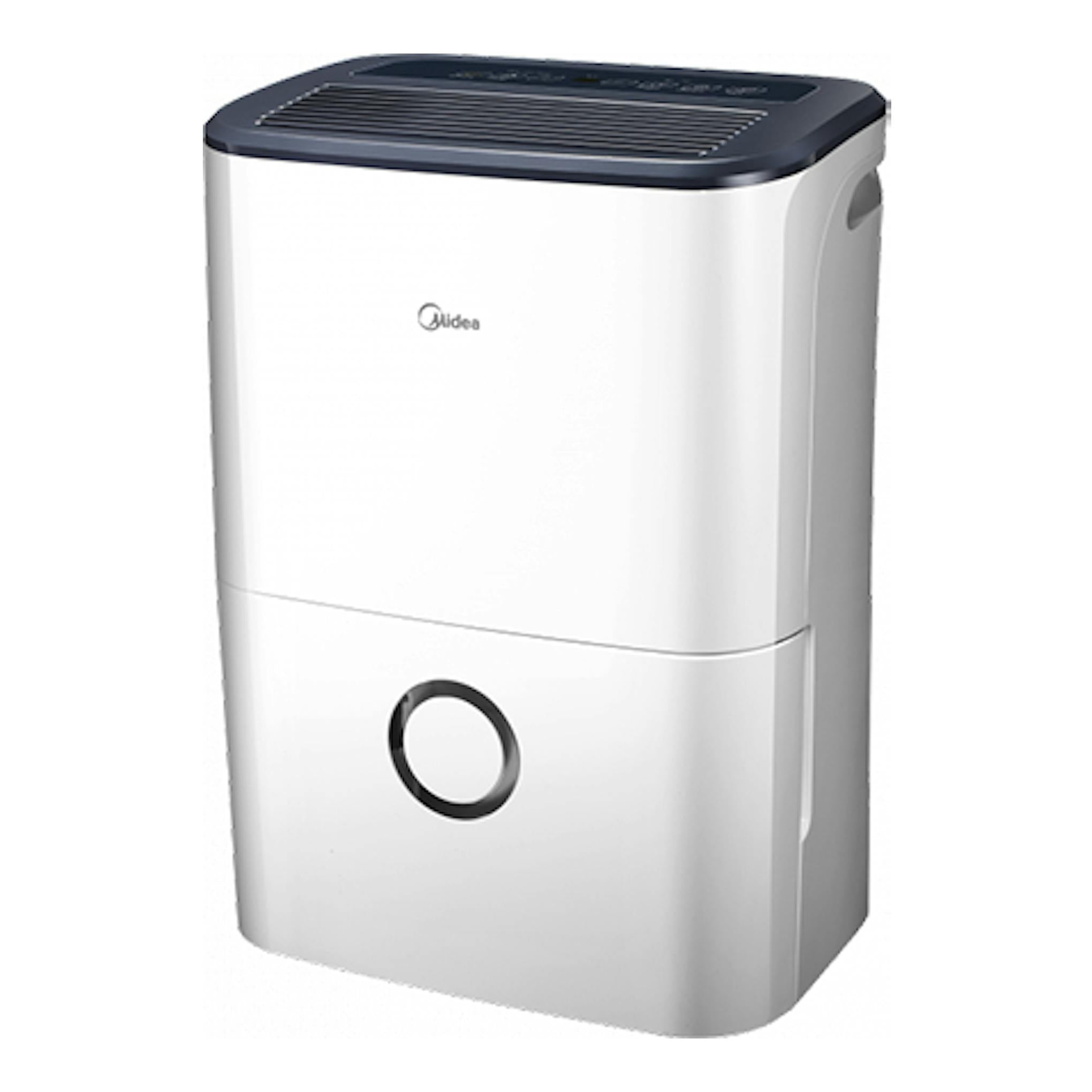 Deshumidificador Midea MDDF-20DEN7-QA3 blanco y negro, vista frontal en tres cuartos, con rejilla superior.