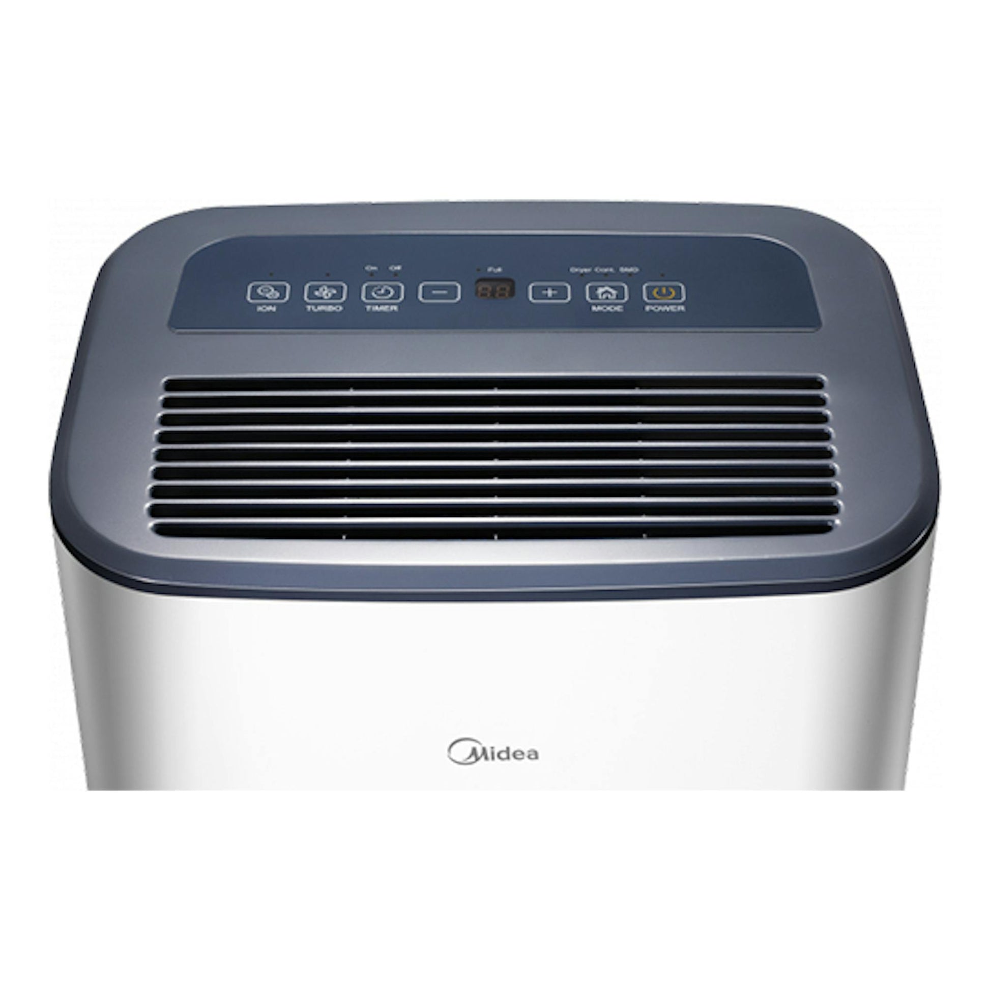 Deshumidificador Midea MDDF-20DEN7-QA3 blanco y gris, vista frontal superior, con panel y rejilla.
