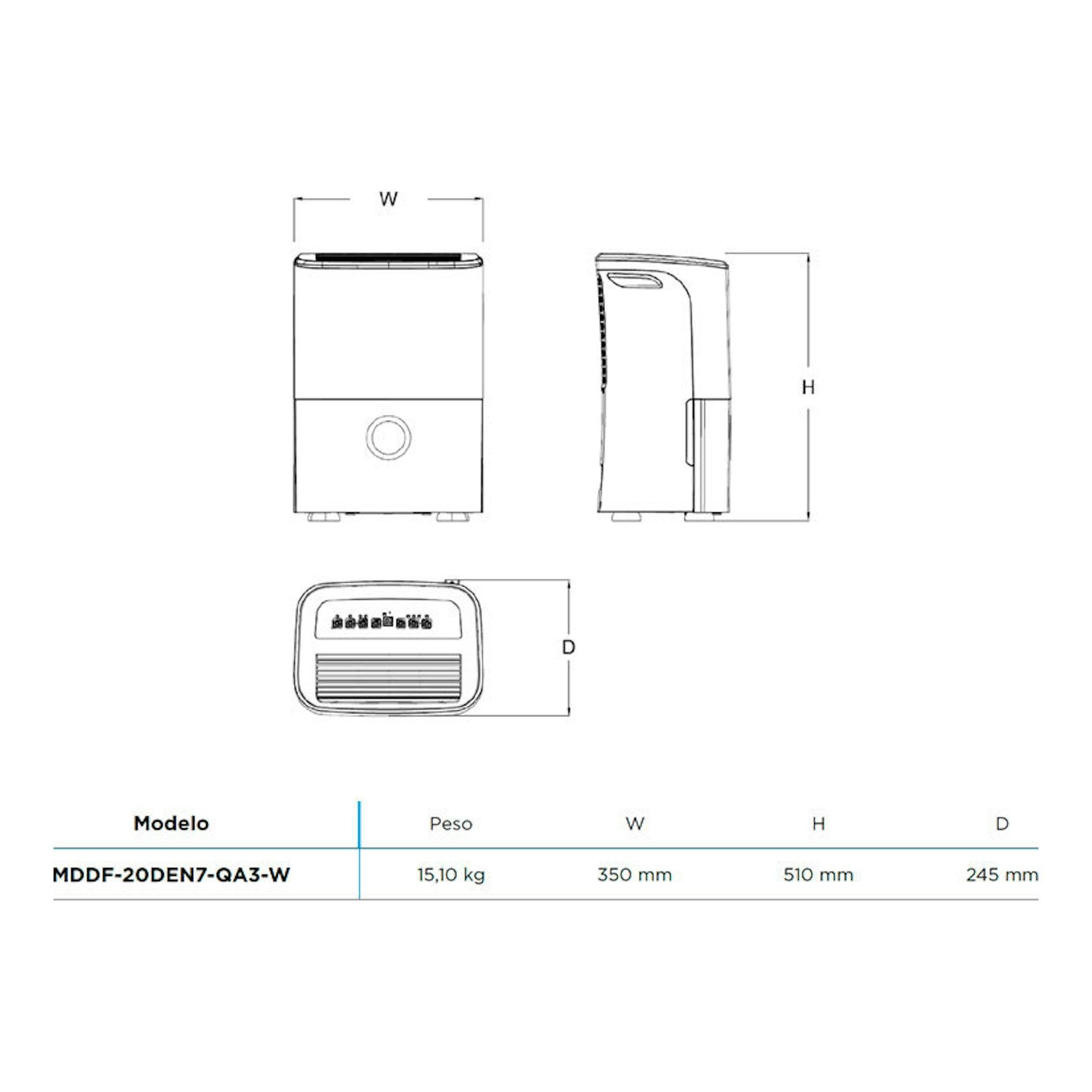 Deshumidificador Midea MDDF-20DEN7-QA3-W, vistas frontal, lateral y superior con medidas.
