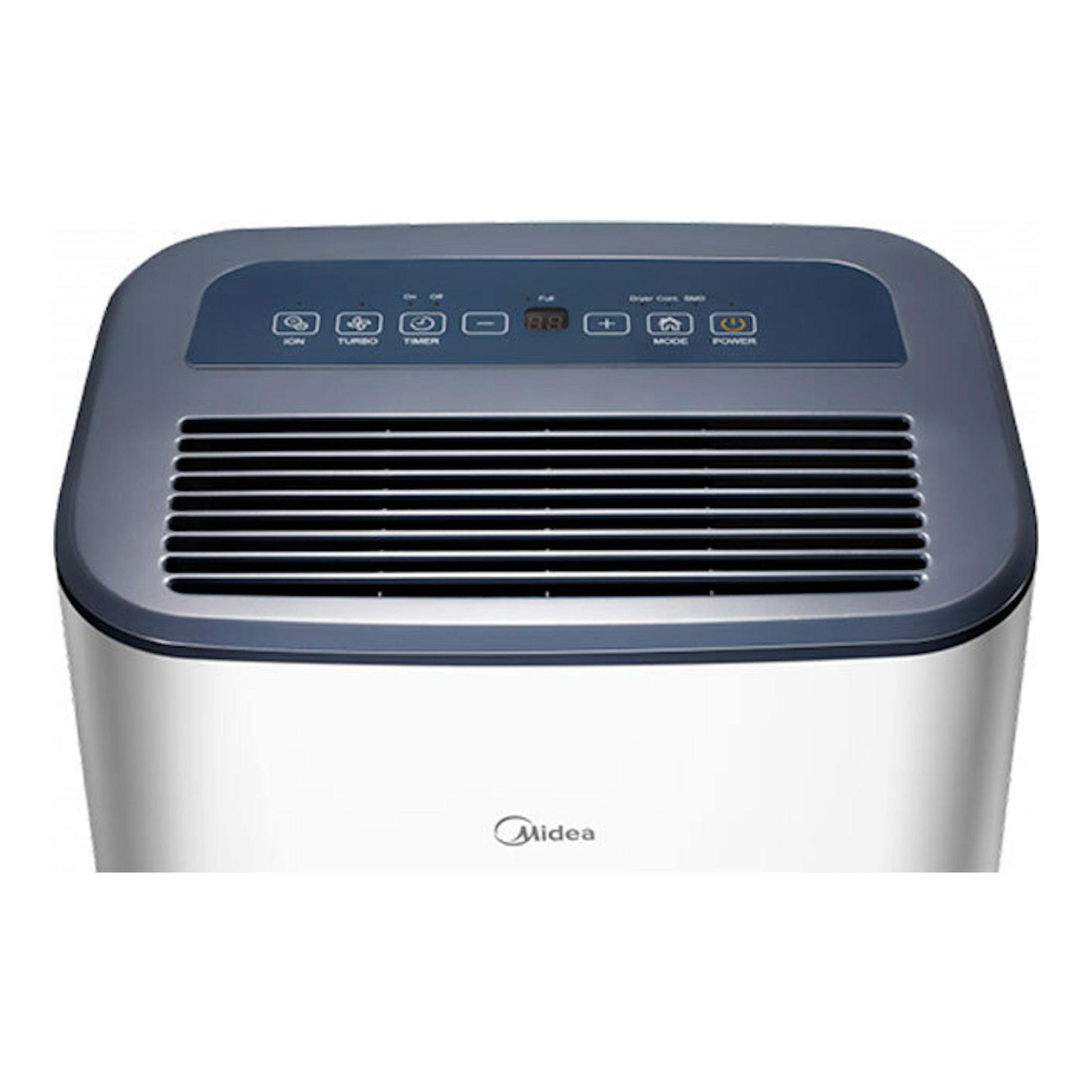 Deshumidificador Midea MDDFR-20DEN7-QA3-W blanco y azul, vista frontal en ángulo.