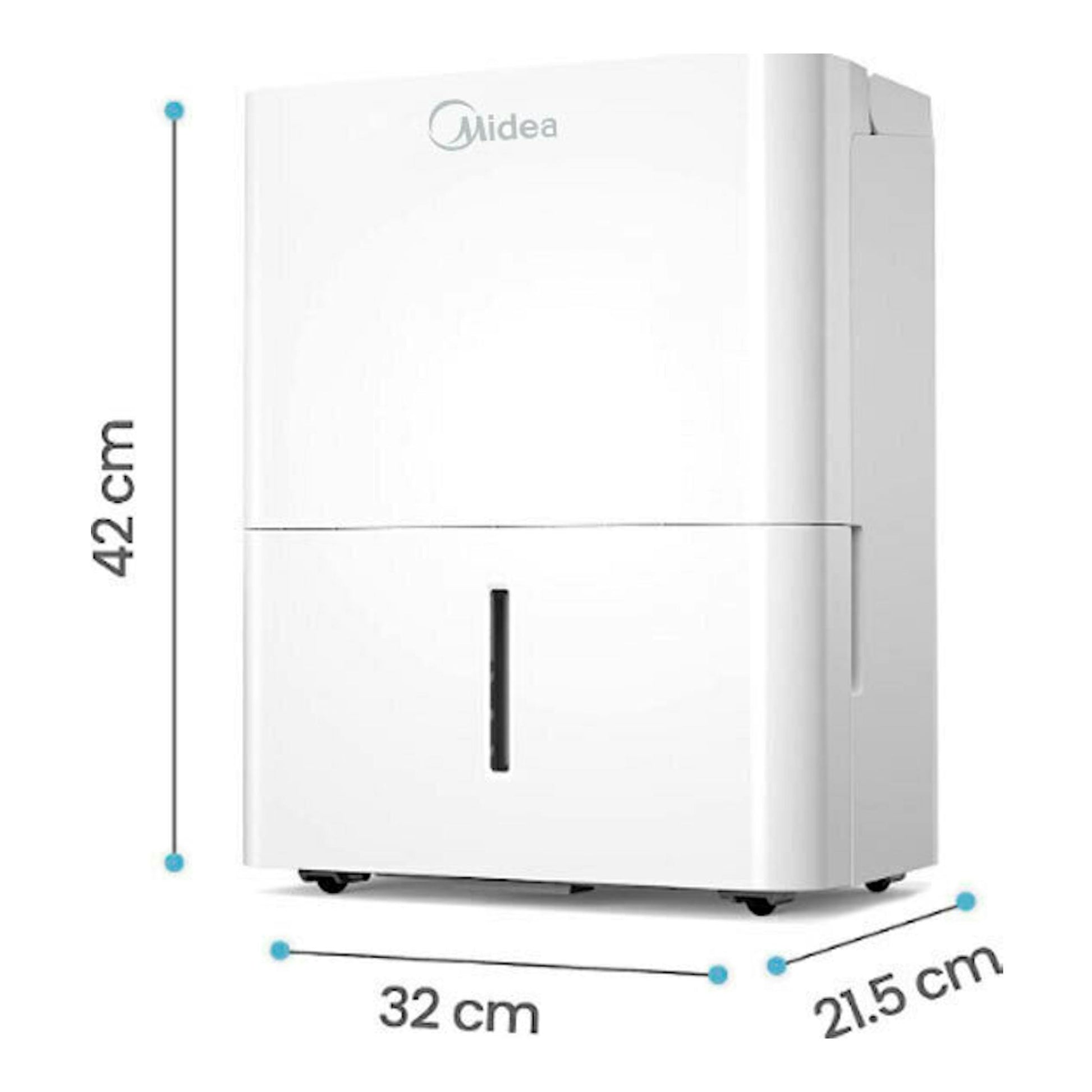 Deshumidificador Midea MDDN-12DEN7-QA3-C blanco, vista frontal en ángulo, con medidas 42 x 32 x 21,5 cm.