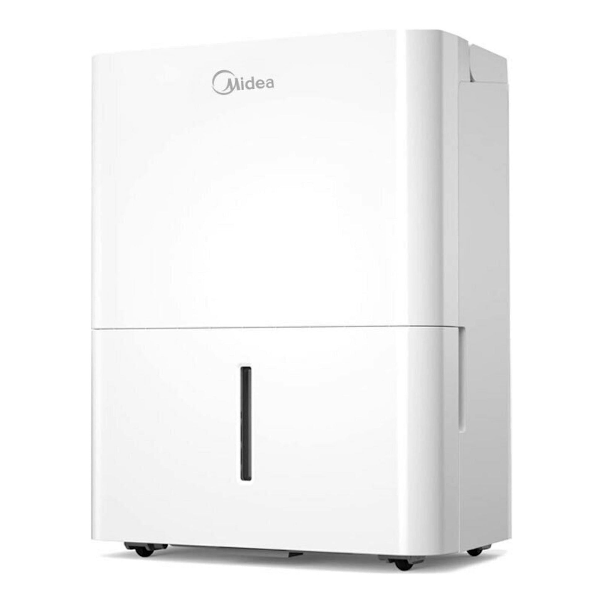 Deshumidificador Midea MDDN-12DEN7-QA3-C blanco, vista frontal con ligero ángulo lateral derecho.