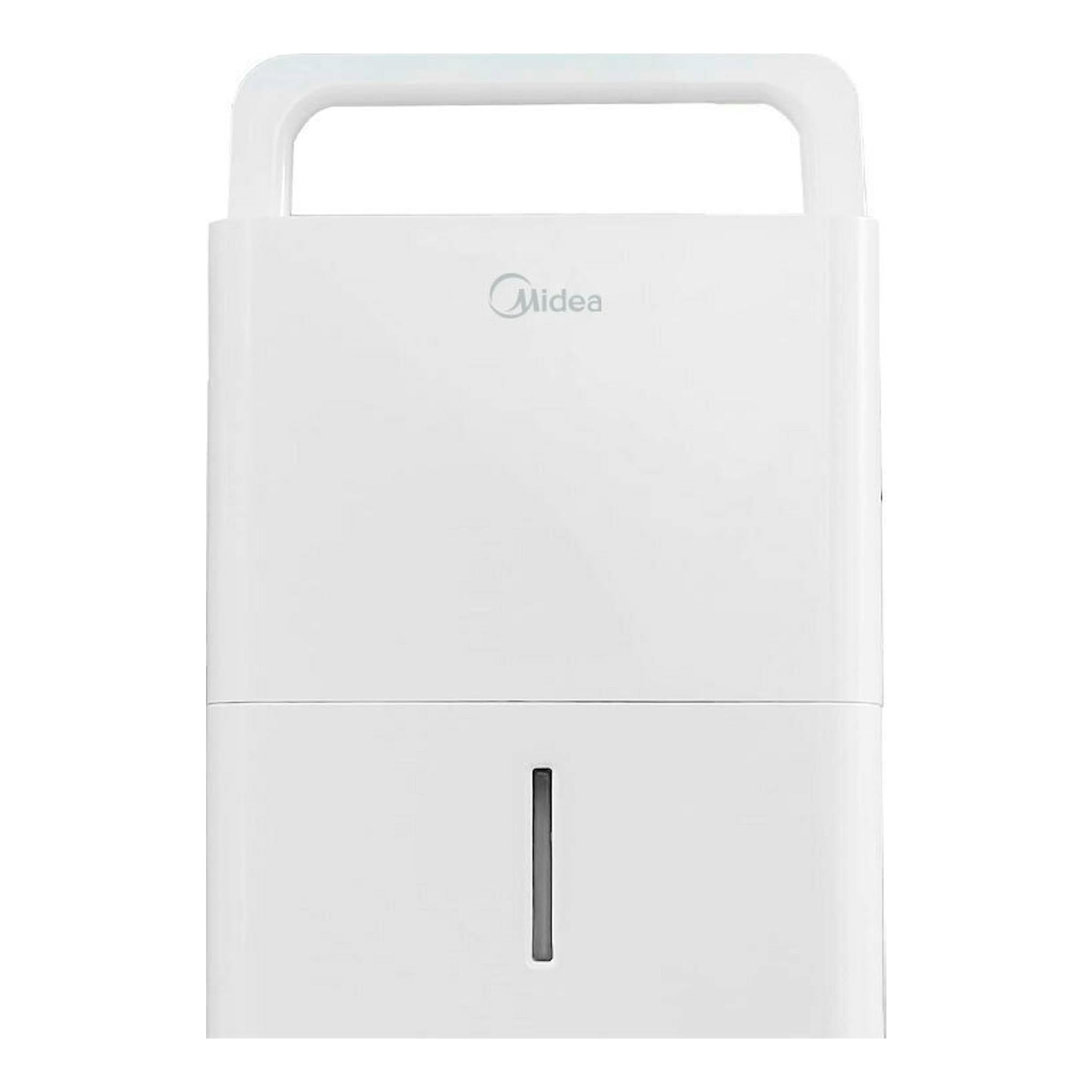 Deshumidificador Midea MDDN-12DEN7-QA3-C blanco, vista frontal con asa superior y ventana de nivel.