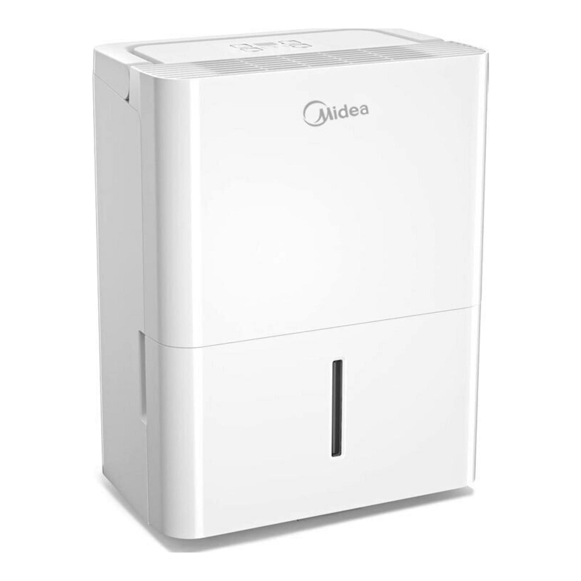 Deshumidificador Midea MDDN-12DEN7-QA3-C blanco, vista frontal en ángulo.