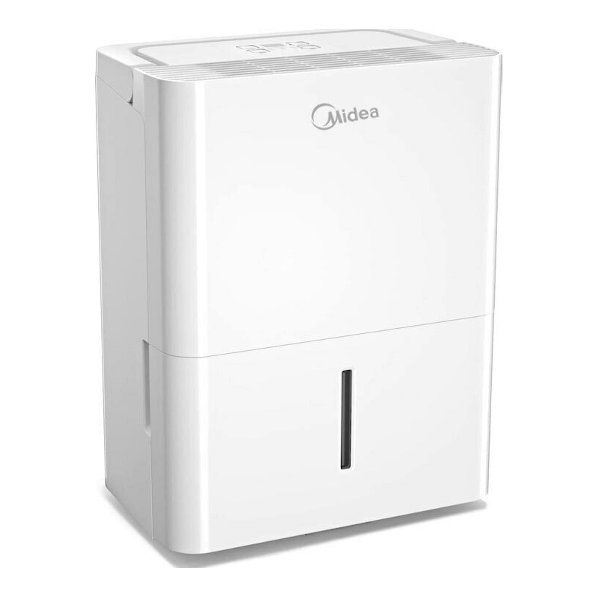 Deshumidificador Midea MDDN-12DEN7-QA3-C blanco, vista frontal en ángulo.