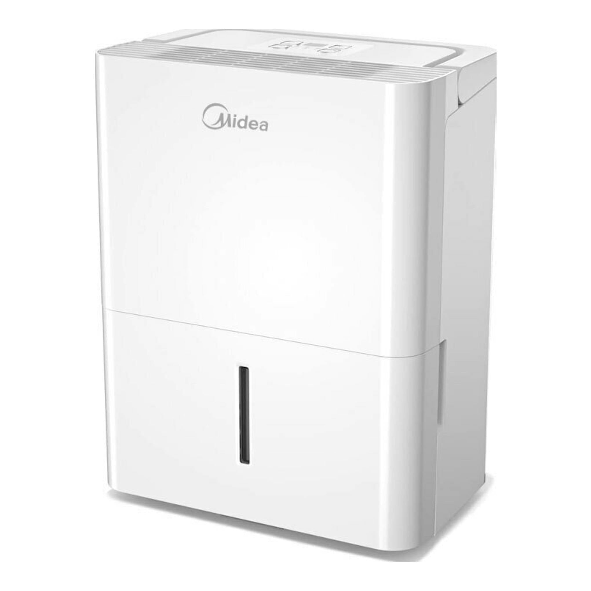 Deshumidificador Midea MDDN-12DEN7-QA3-C blanco, vista frontal en tres cuartos.