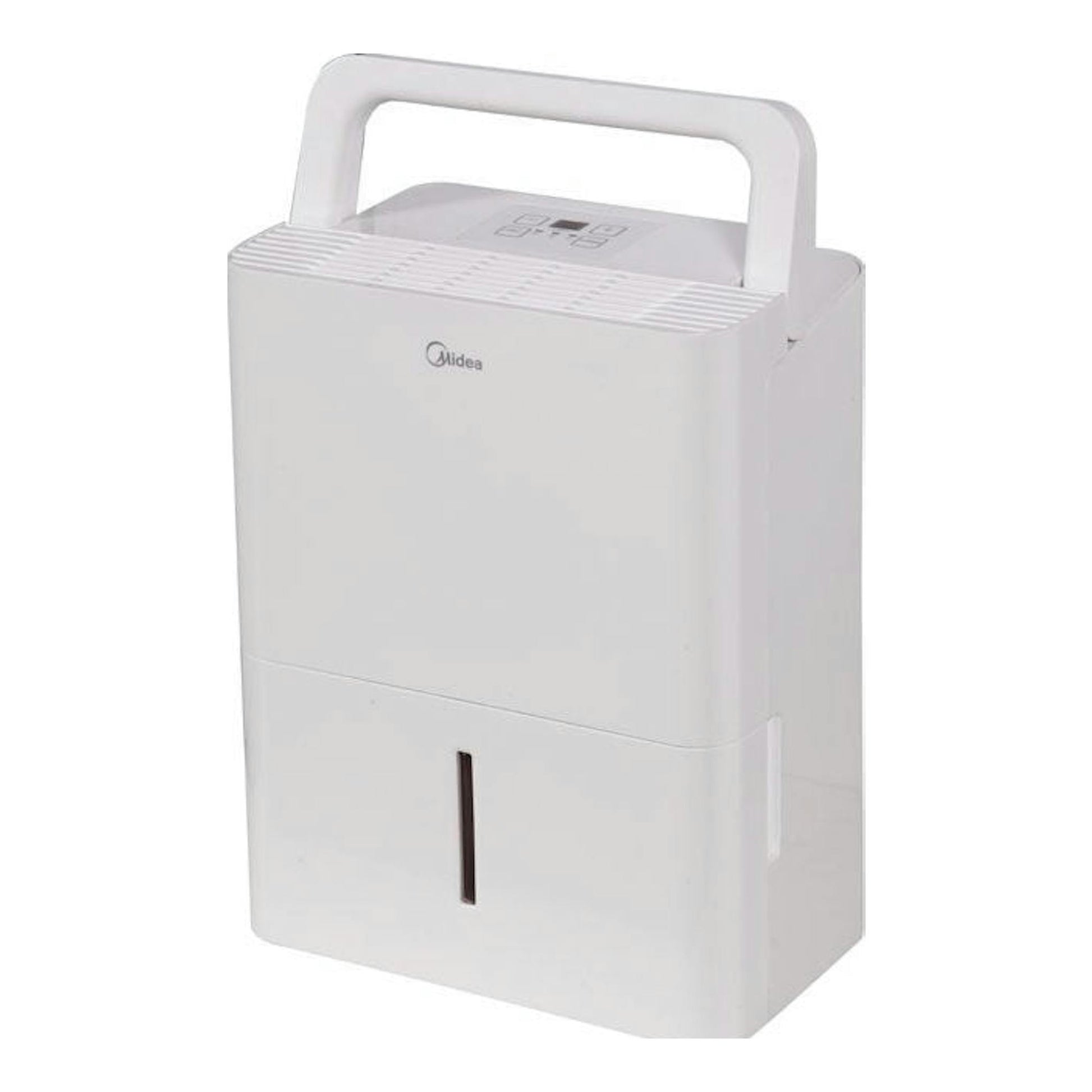 Deshumidificador Midea MDDN10DEN7-QA3 blanco, vista frontal en ángulo, con asa superior y visor de nivel.