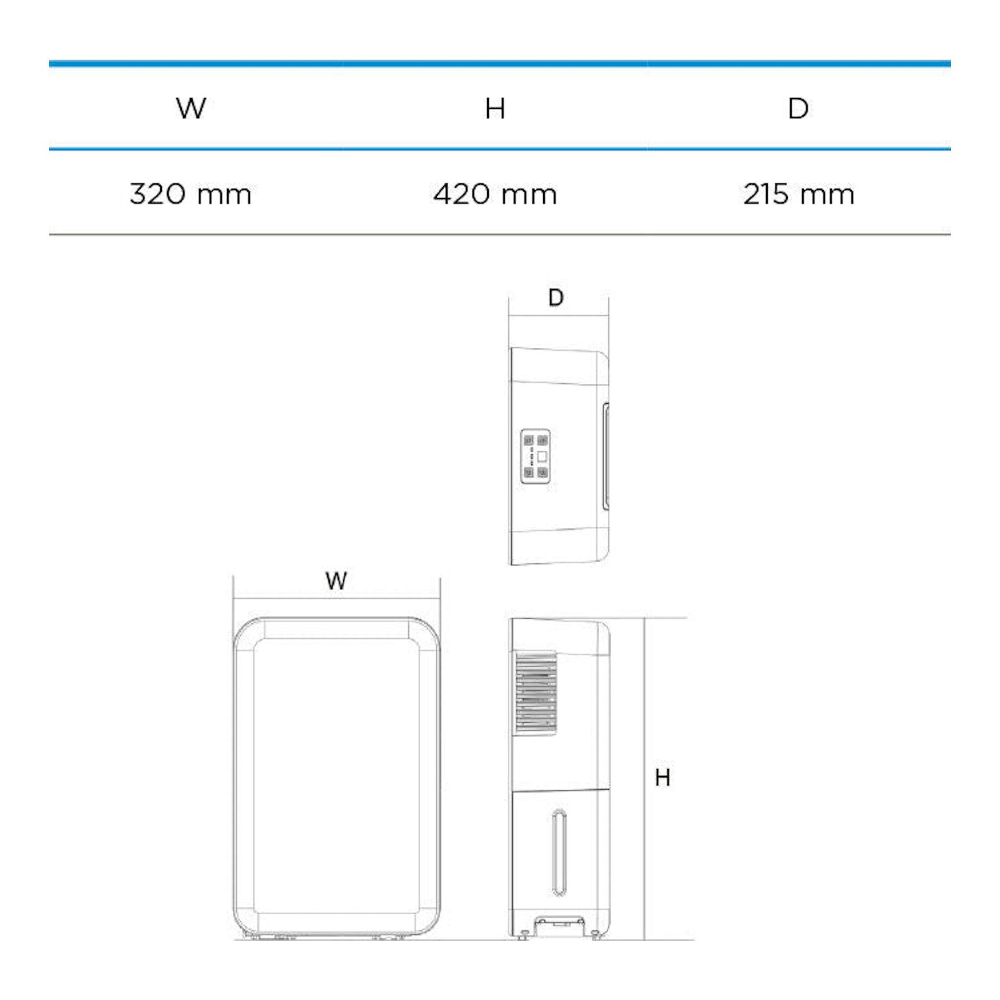 Deshumidificador Midea MDDN10DEN7-QA3, dibujo técnico frontal y lateral en blanco, 320 x 420 x 215 mm.