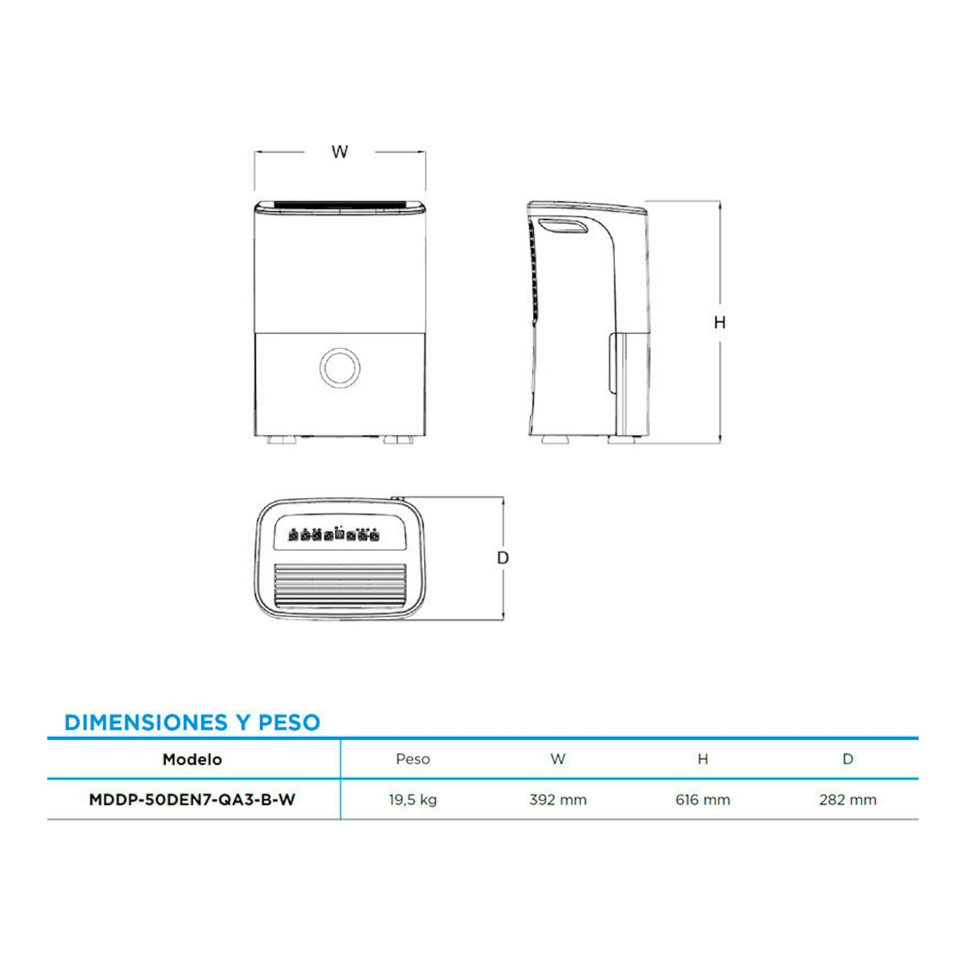Esquema técnico de deshumidificador Midea MDDP-50DEN7-QA3-B-W con vistas frontal, lateral y superior y medidas.