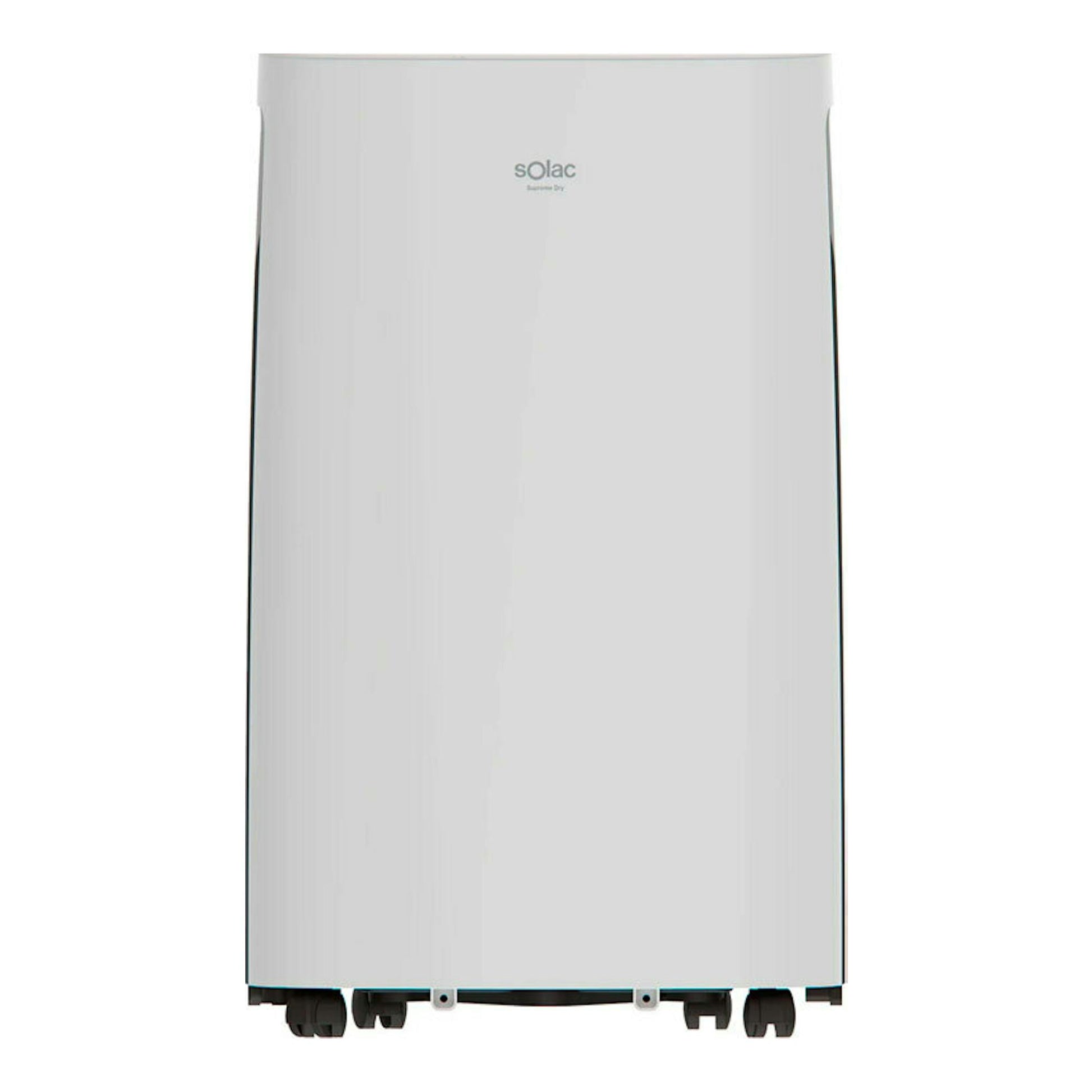 Deshumidificador Solac DH8966 blanco, vista frontal, con ruedas inferiores.