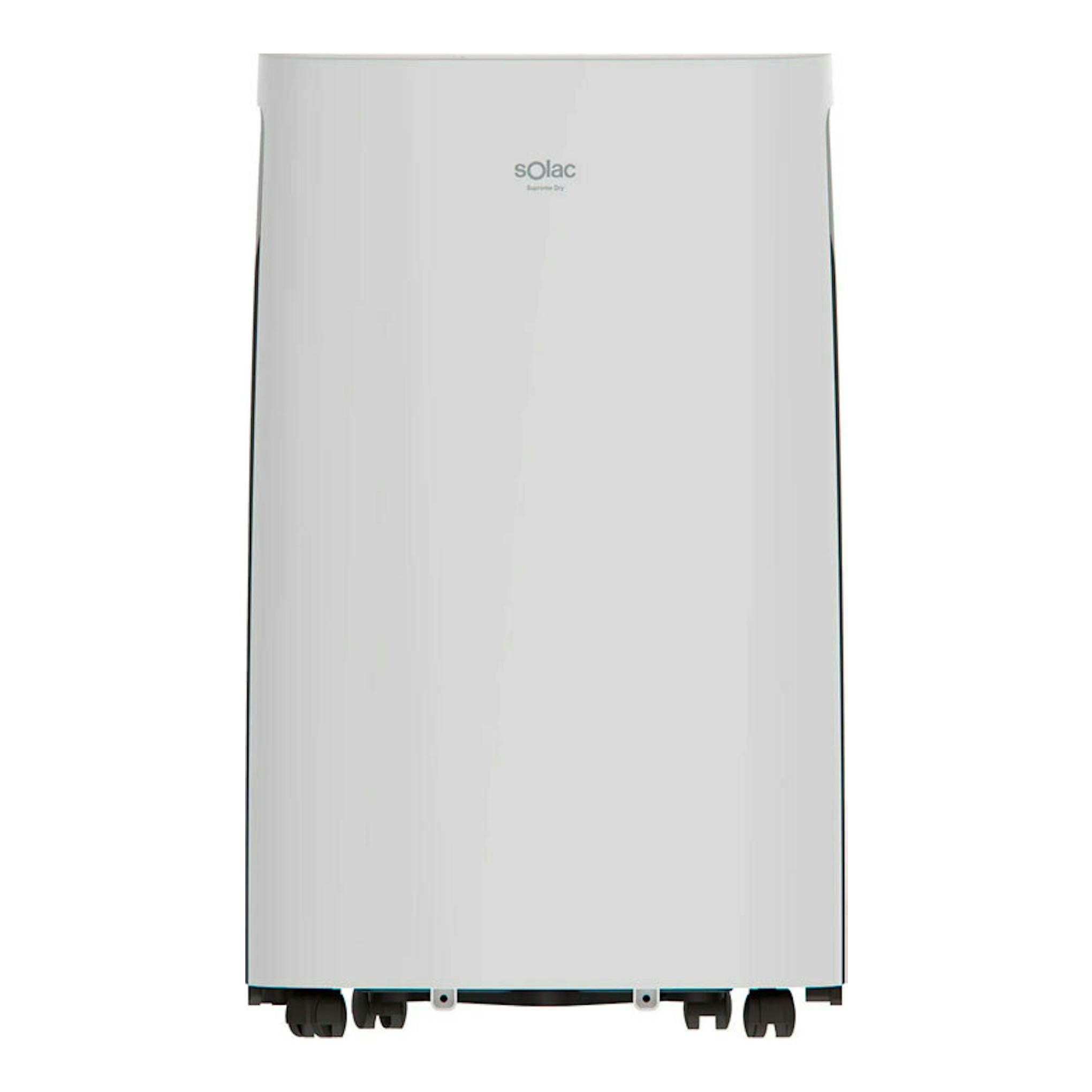 Deshumidificador Solac DH8966 blanco, vista frontal, con ruedas inferiores.