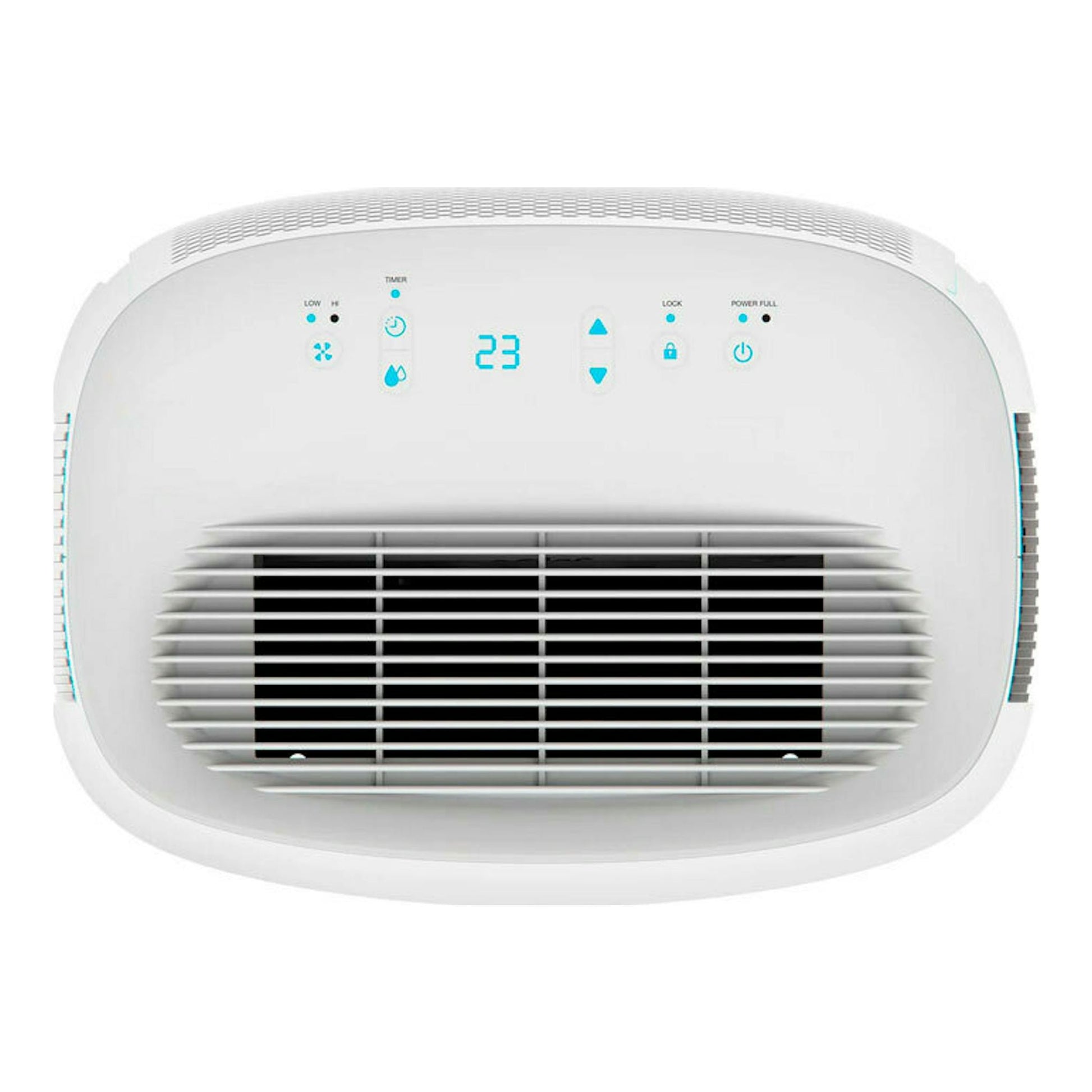 Deshumidificador Solac DH8966 blanco, vista frontal, con pantalla digital 23 y rejilla delantera.
