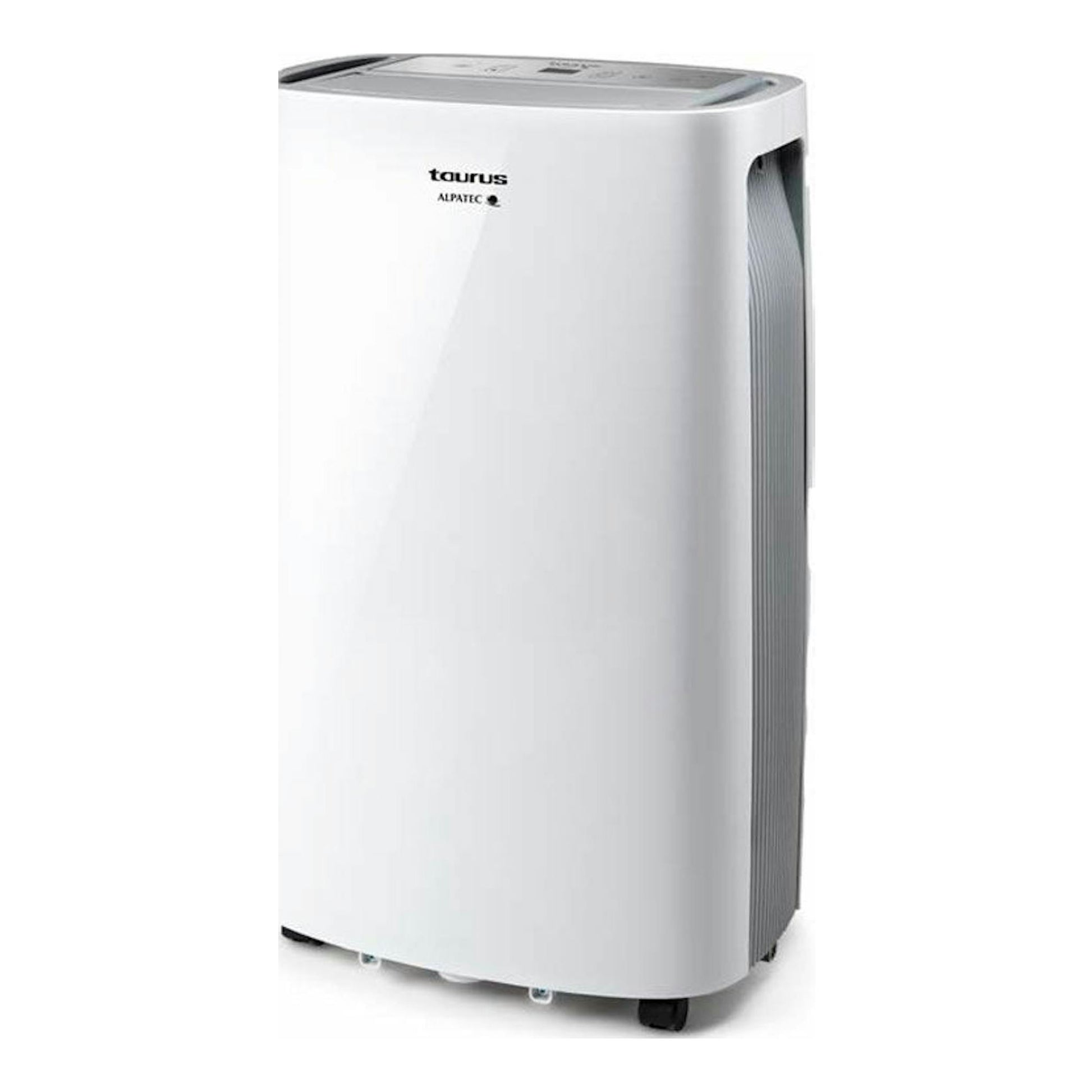 Deshumidificador Taurus DH2201 blanco, vista frontal en tres cuartos, con panel superior gris.