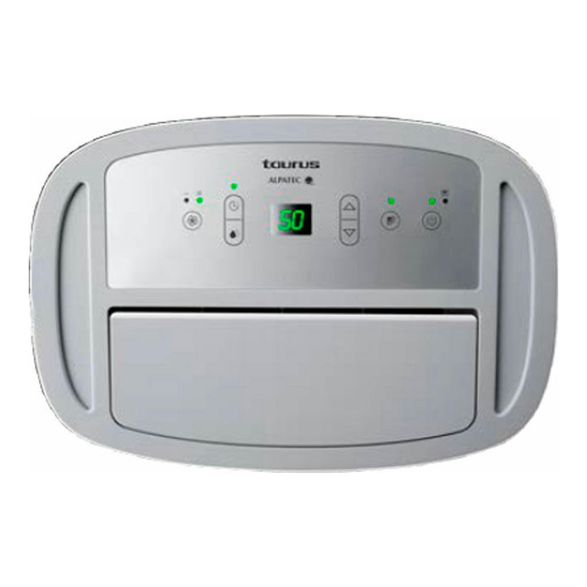 Deshumidificador Taurus DH2201 gris, vista frontal, con panel de control digital y depósito inferior.