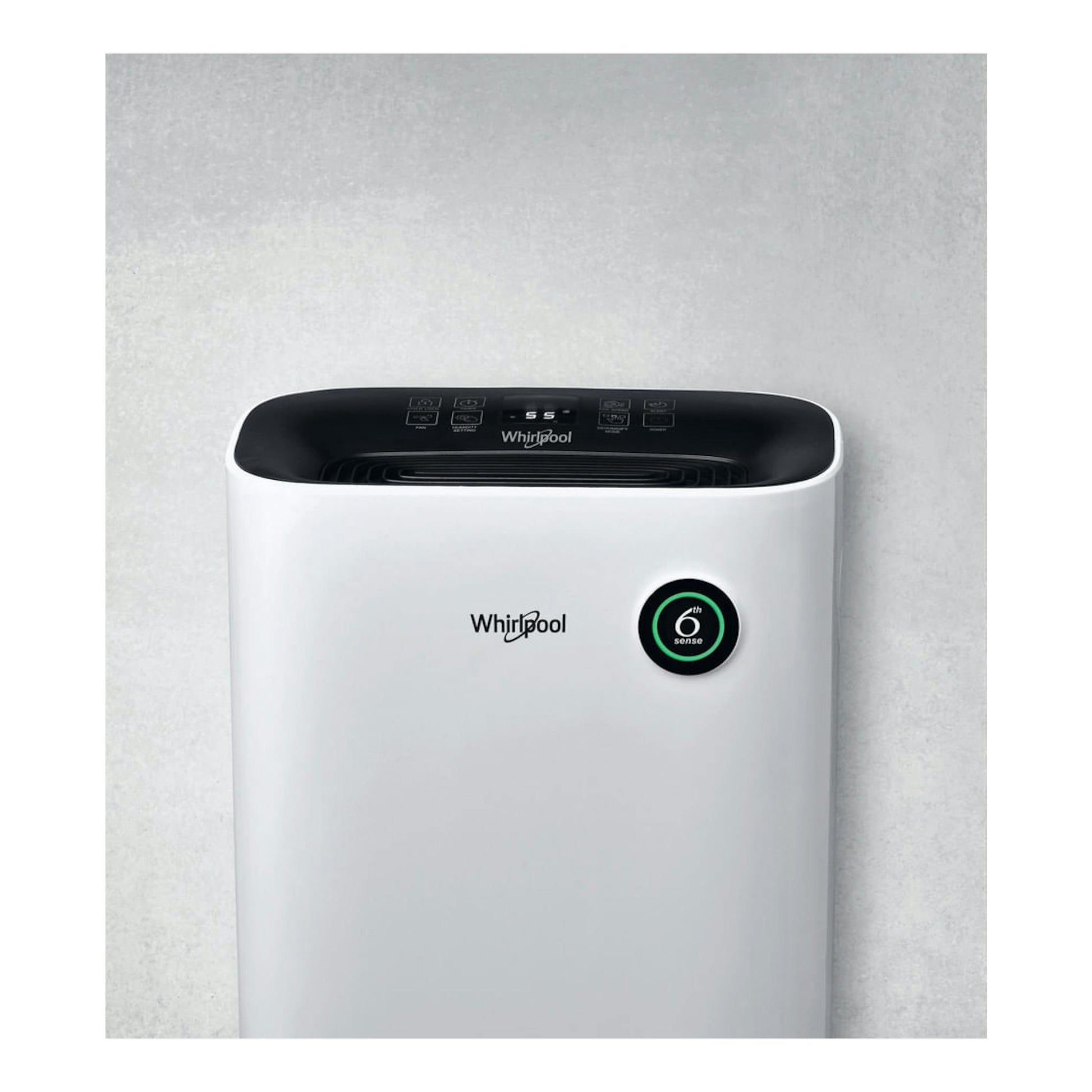 Deshumidificador Whirlpool DE20W5252 blanco, vista frontal, con panel superior negro y logo 6th Sense.